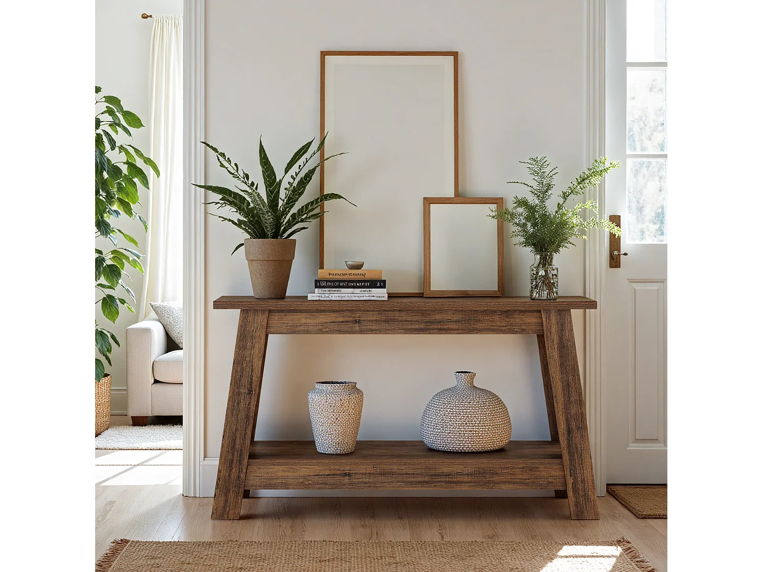 Console de style campagnard de 105 cm, table d'entrée à 2 niveaux avec rangement