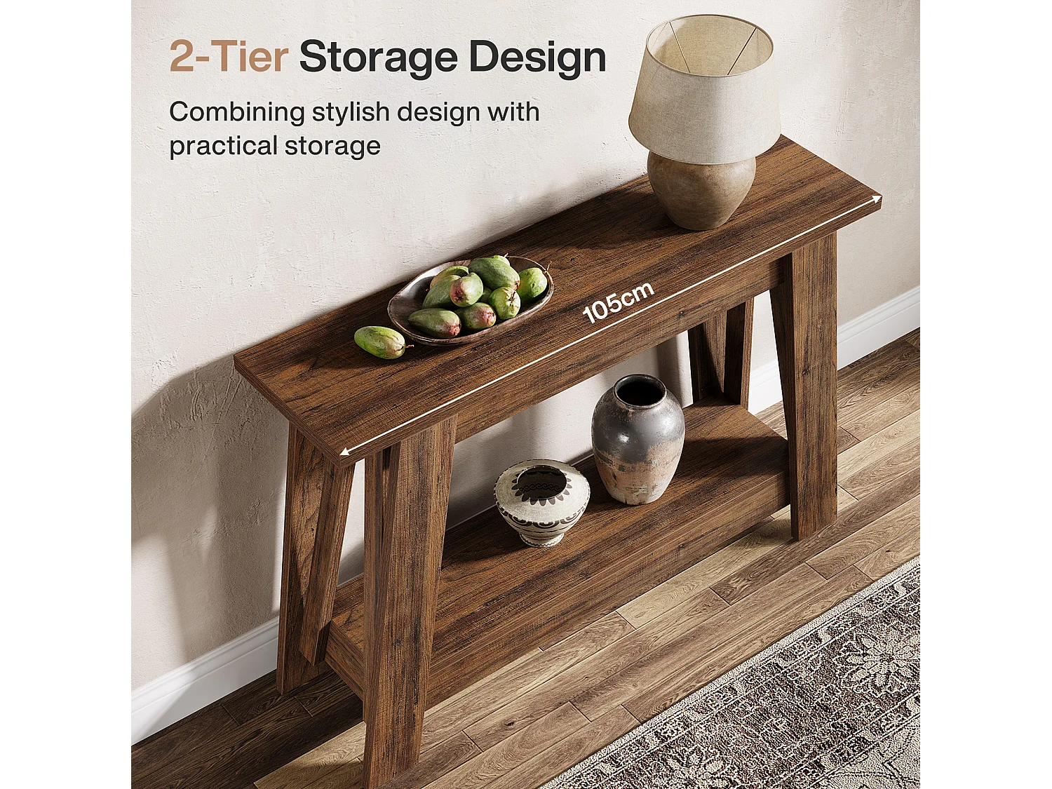 Console de style campagnard de 105 cm, table d'entrée à 2 niveaux avec rangement