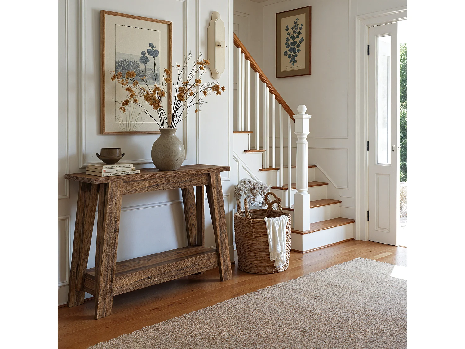 Console de style campagnard de 105 cm, table d'entrée à 2 niveaux avec rangement