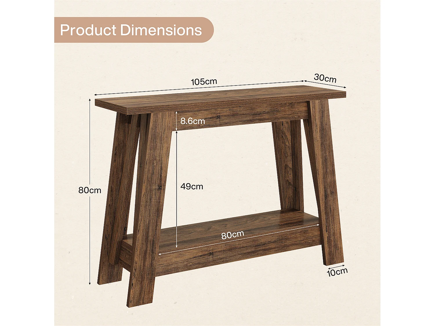 Console de style campagnard de 105 cm, table d'entrée à 2 niveaux avec rangement