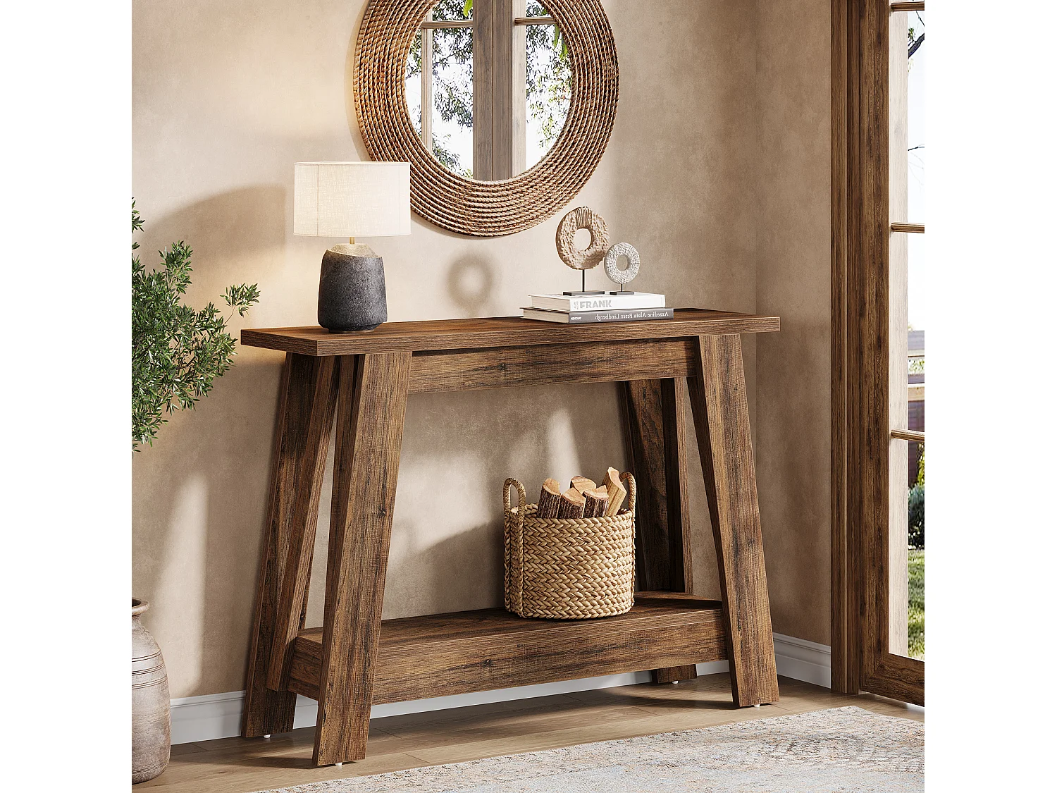 Console de style campagnard de 105 cm, table d'entrée à 2 niveaux avec rangement