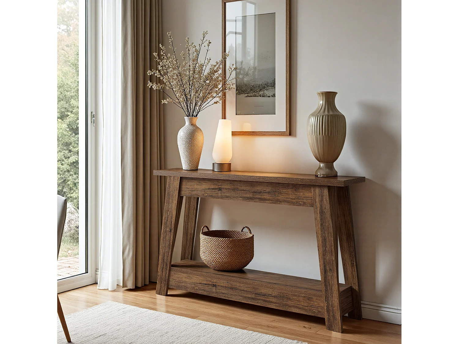 Console de style campagnard de 105 cm, table d'entrée à 2 niveaux avec rangement