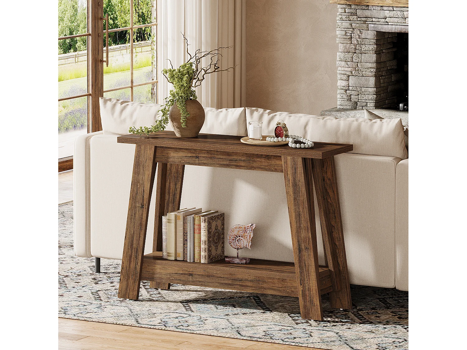 Console de style campagnard de 105 cm, table d'entrée à 2 niveaux avec rangement