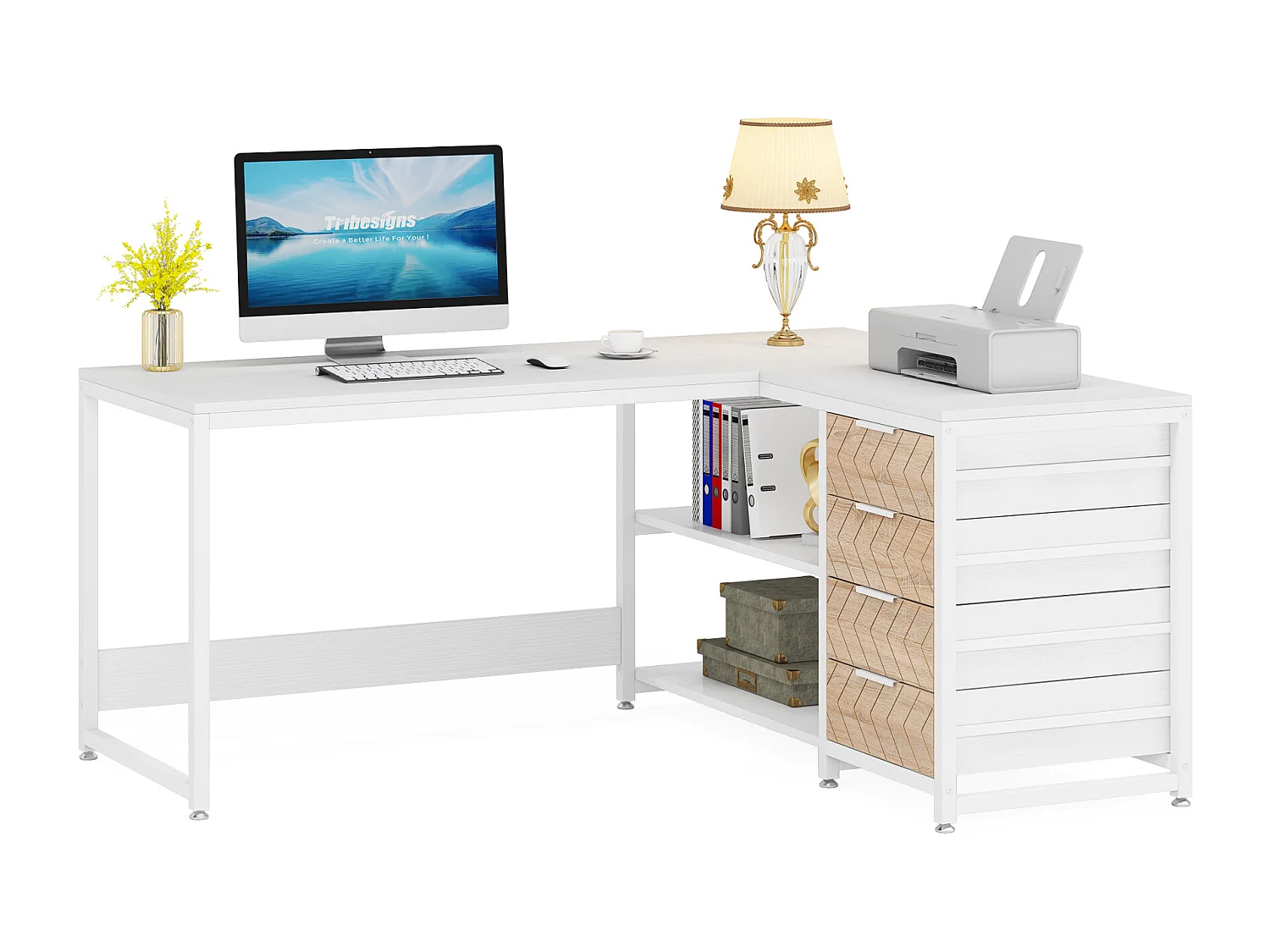 Bureau d'ordinateur en forme de L avec tiroirs de rangement, bureau d'angle réversible