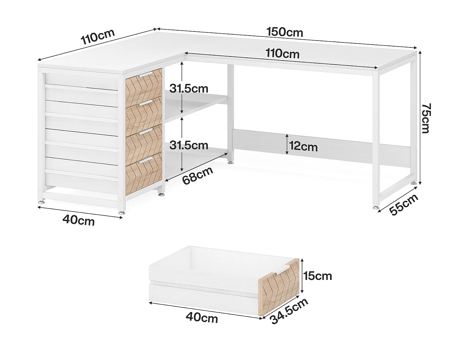 Bureau d'ordinateur en forme de L avec tiroirs de rangement, bureau d'angle réversible