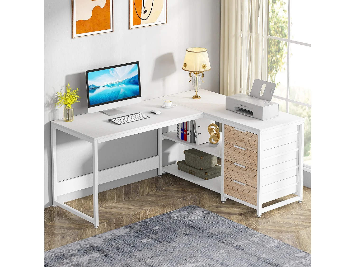 Bureau d'ordinateur en forme de L avec tiroirs de rangement, bureau d'angle réversible