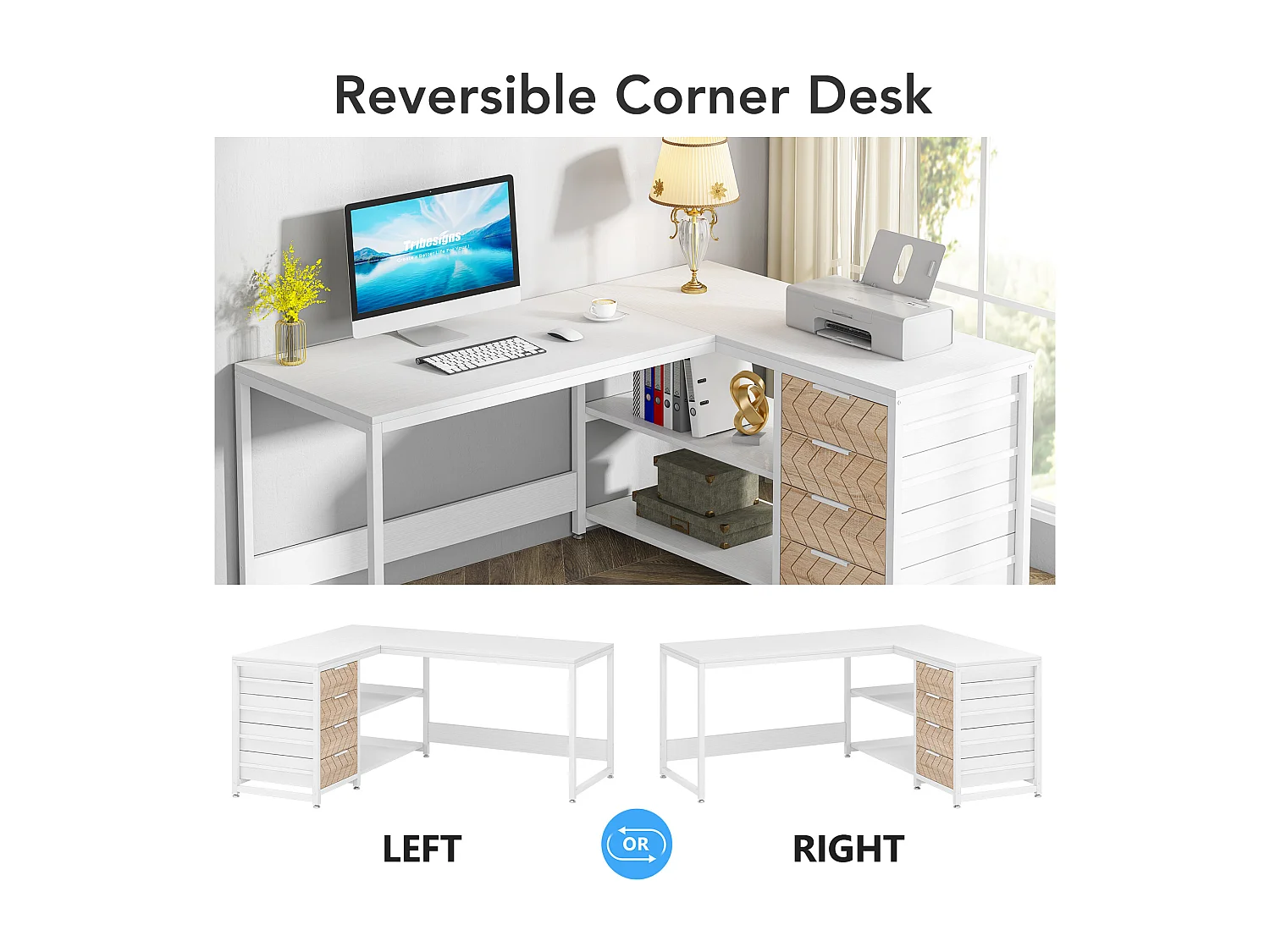 Bureau d'ordinateur en forme de L avec tiroirs de rangement, bureau d'angle réversible