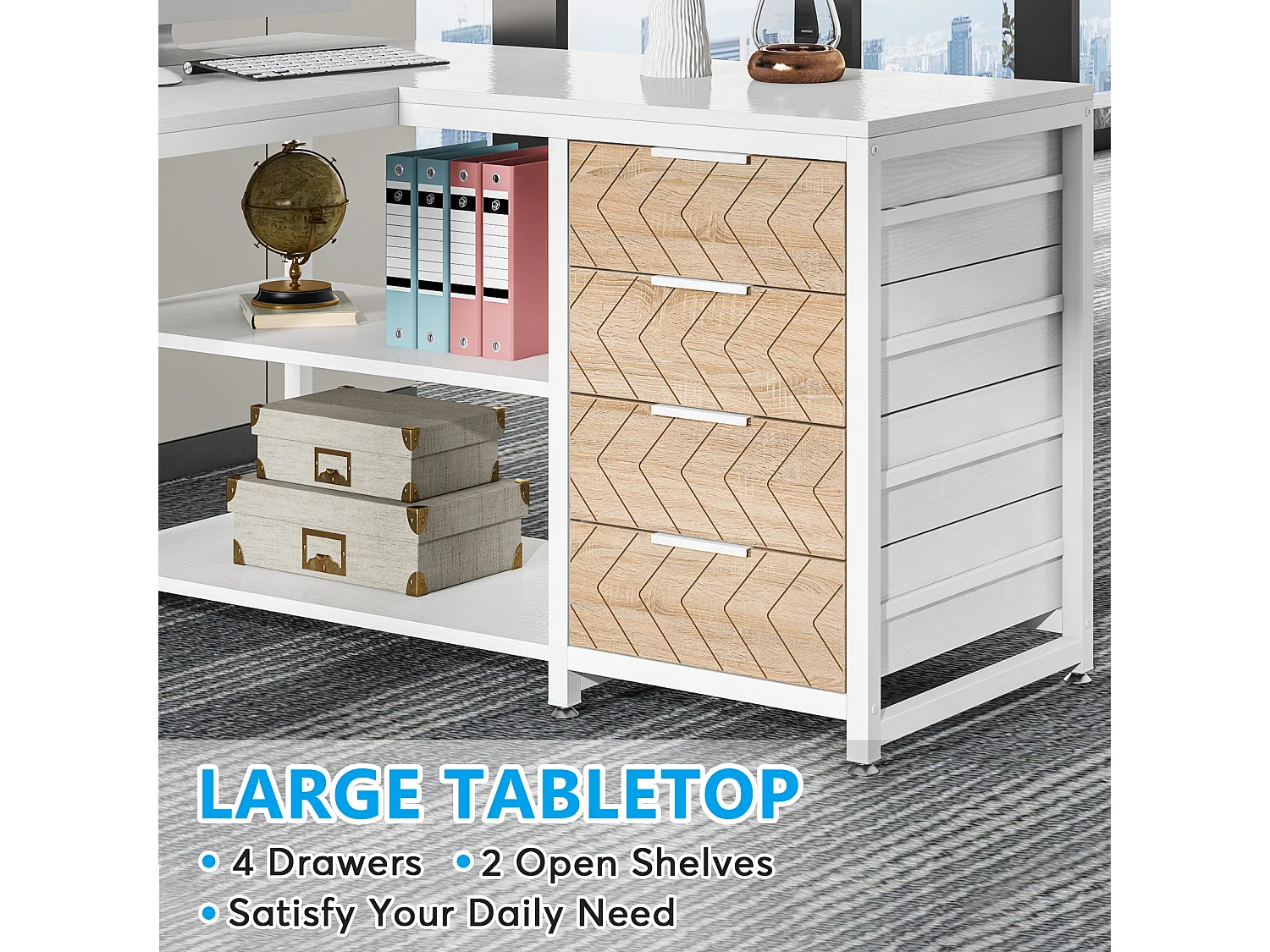 Bureau d'ordinateur en forme de L avec tiroirs de rangement, bureau d'angle réversible