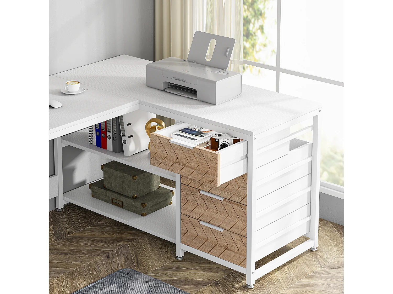 Bureau d'ordinateur en forme de L avec tiroirs de rangement, bureau d'angle réversible