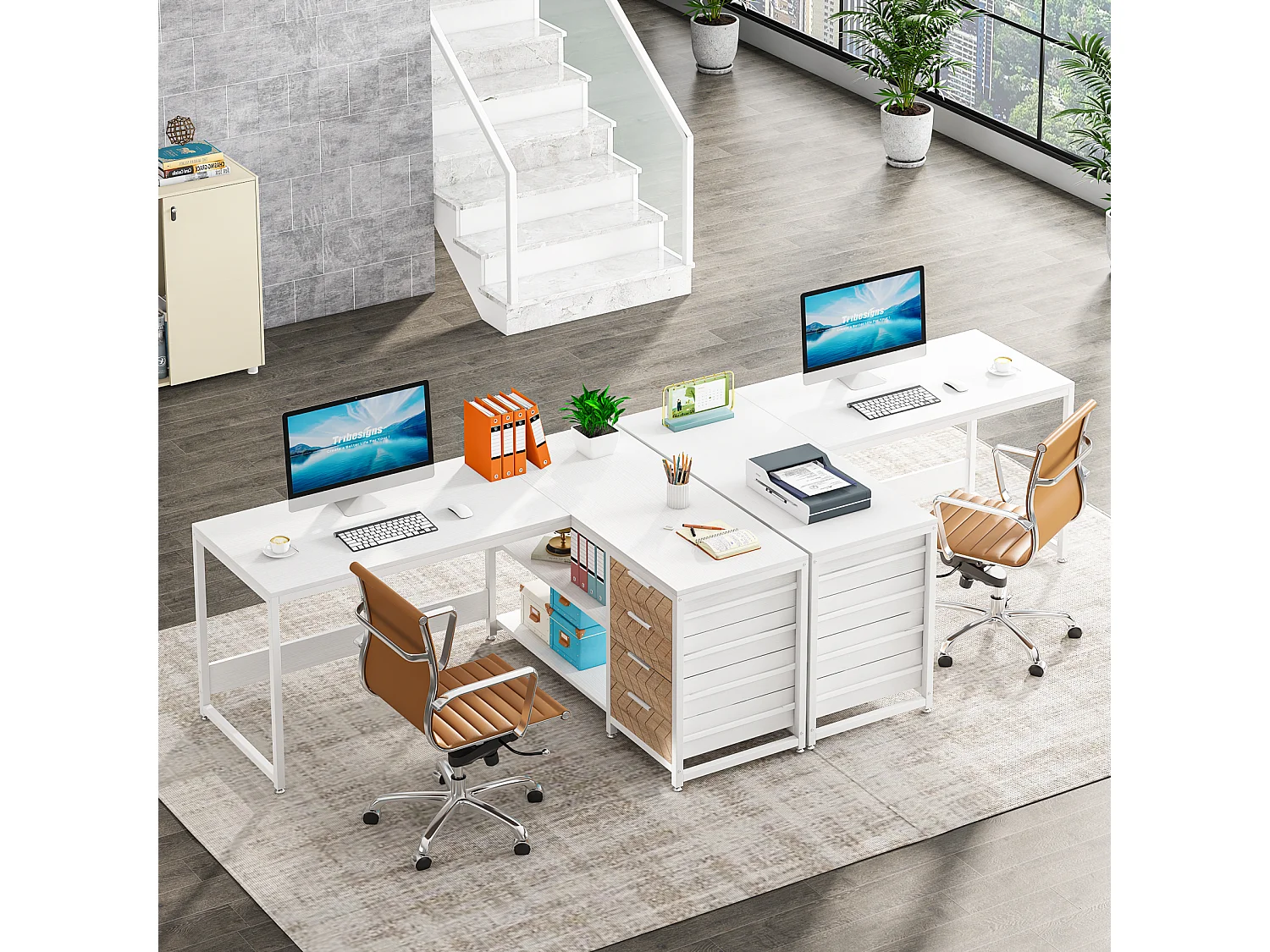 Bureau d'ordinateur en forme de L avec tiroirs de rangement, bureau d'angle réversible