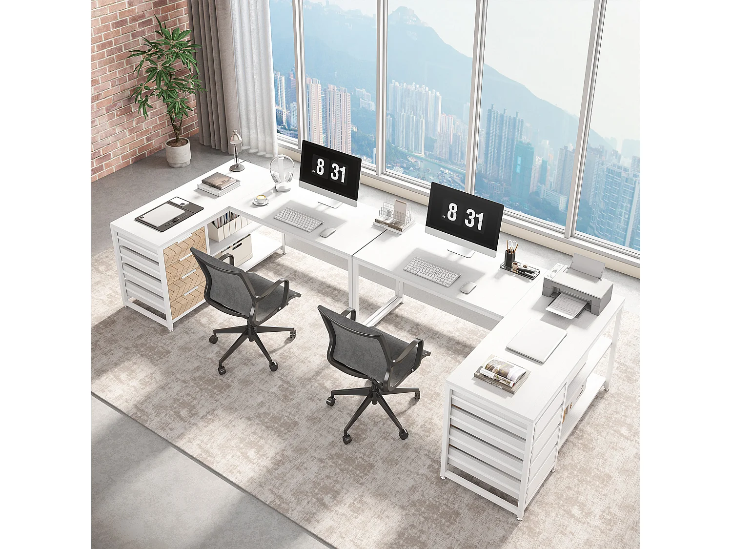 Bureau d'ordinateur en forme de L avec tiroirs de rangement, bureau d'angle réversible