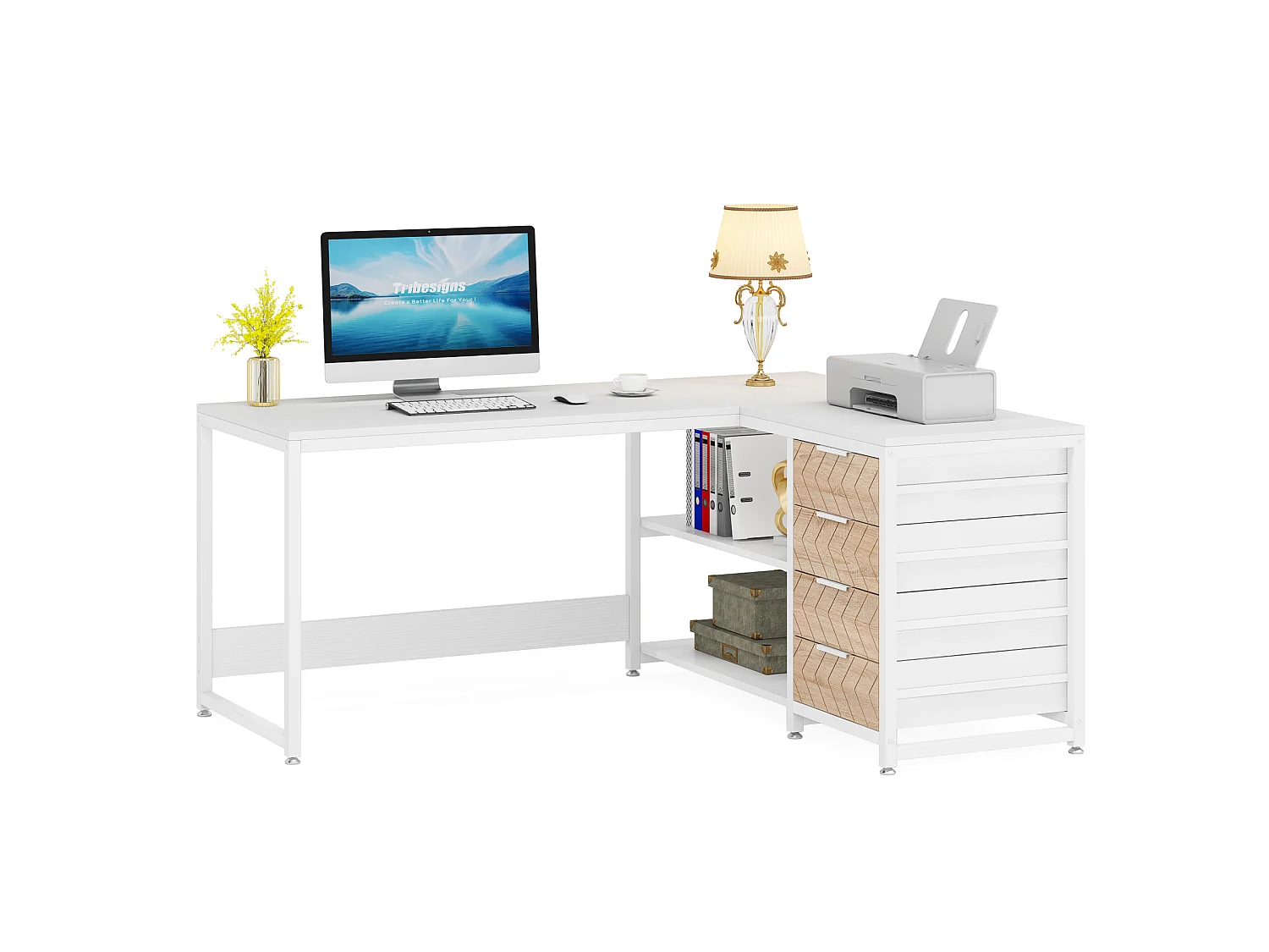Bureau d'ordinateur en forme de L avec tiroirs de rangement, bureau d'angle réversible