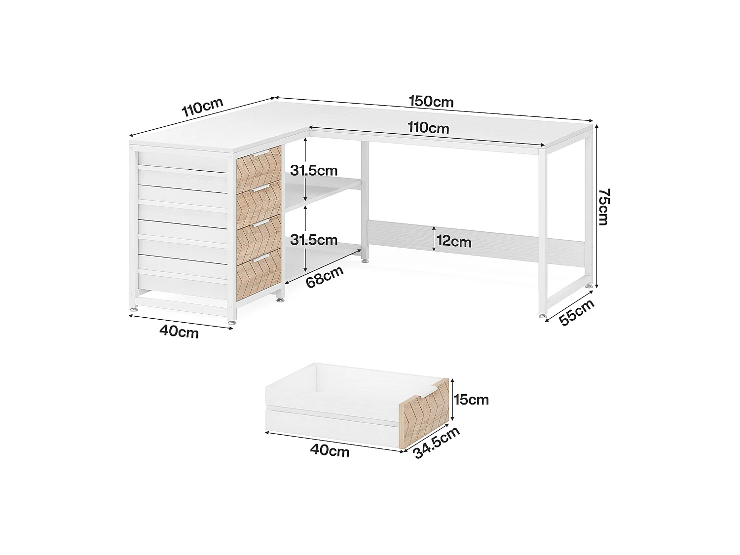 Bureau d'ordinateur en forme de L avec tiroirs de rangement, bureau d'angle réversible