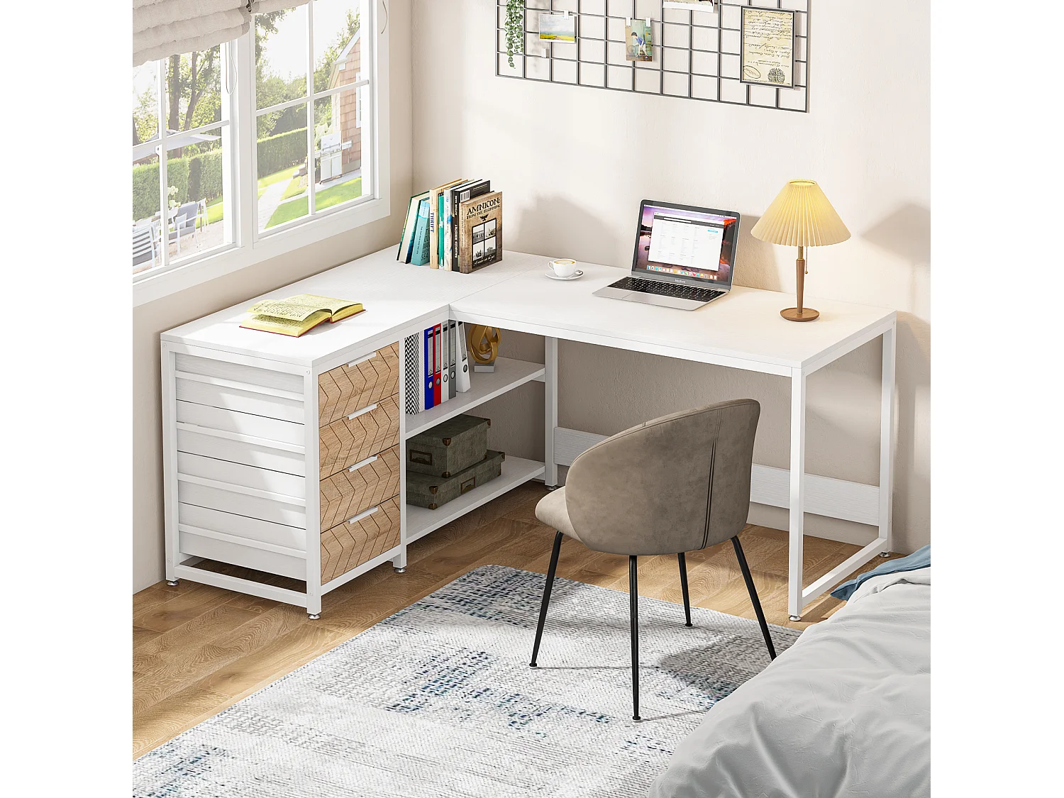 Bureau d'ordinateur en forme de L avec tiroirs de rangement, bureau d'angle réversible