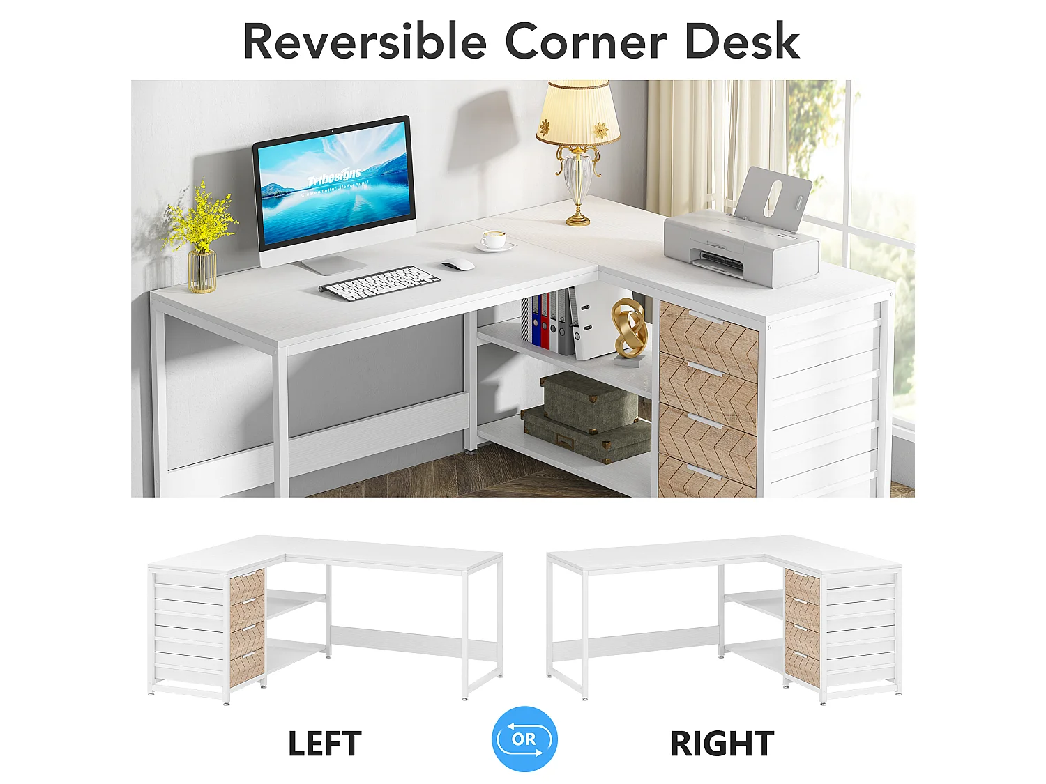Bureau d'ordinateur en forme de L avec tiroirs de rangement, bureau d'angle réversible