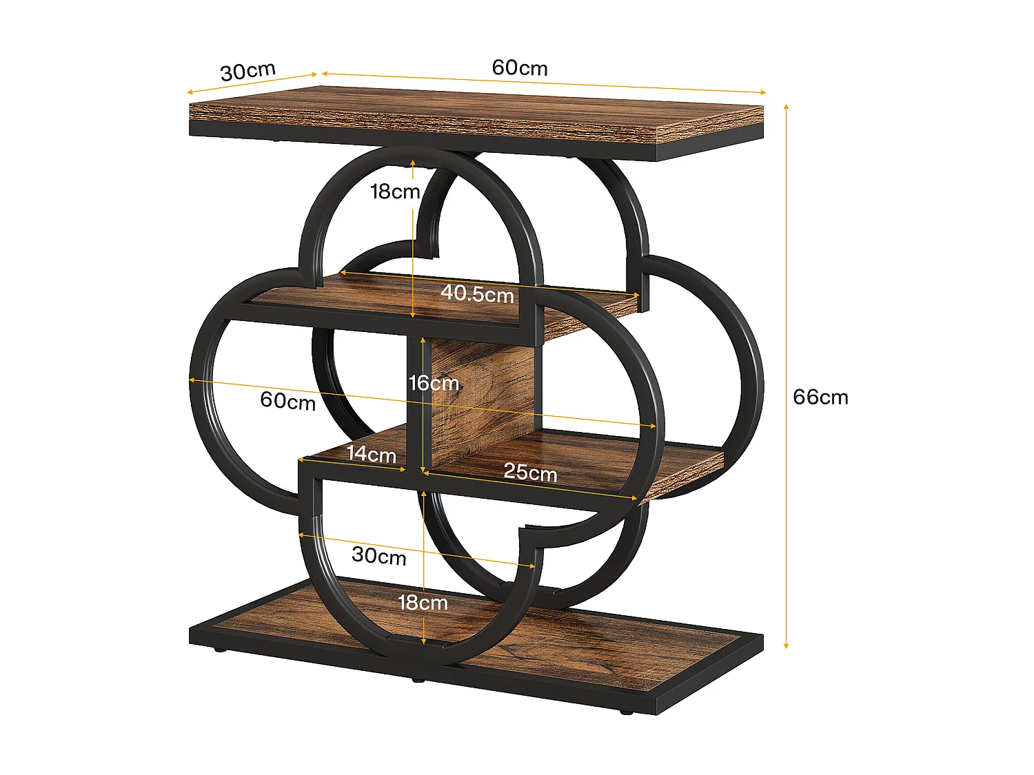 Table d'appoint étroite, petite table de chevet en bois à 4 niveaux avec cadre en métal incurvé