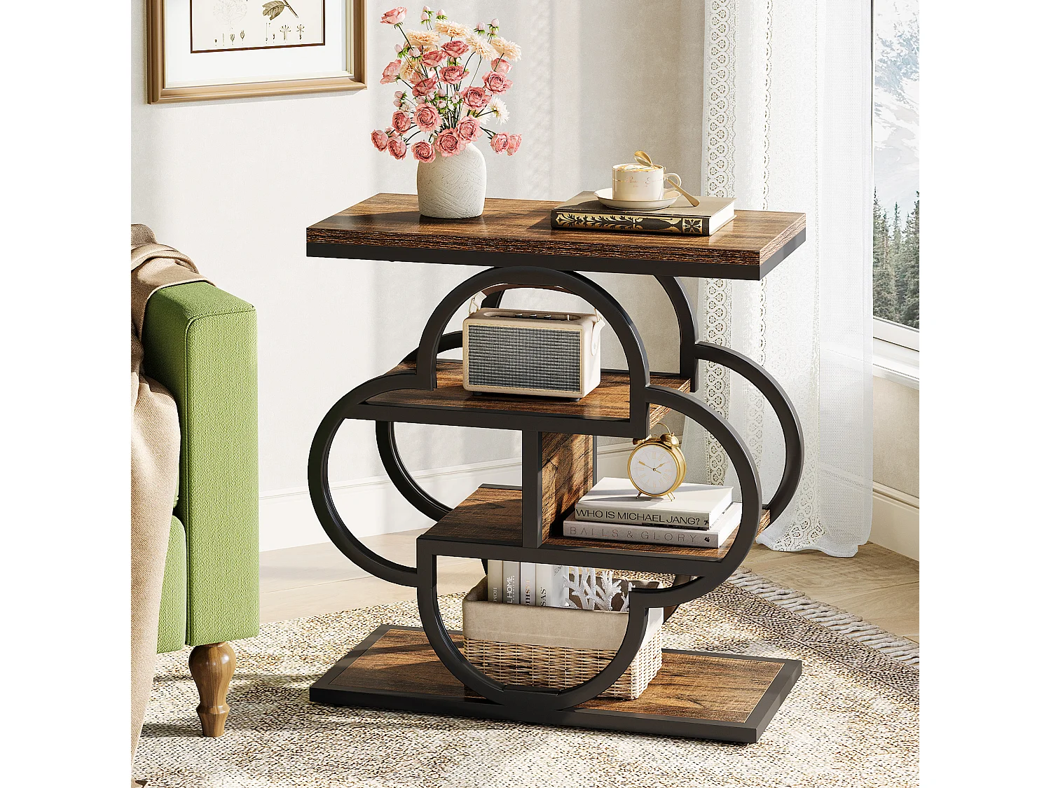 Table d'appoint étroite, petite table de chevet en bois à 4 niveaux avec cadre en métal incurvé