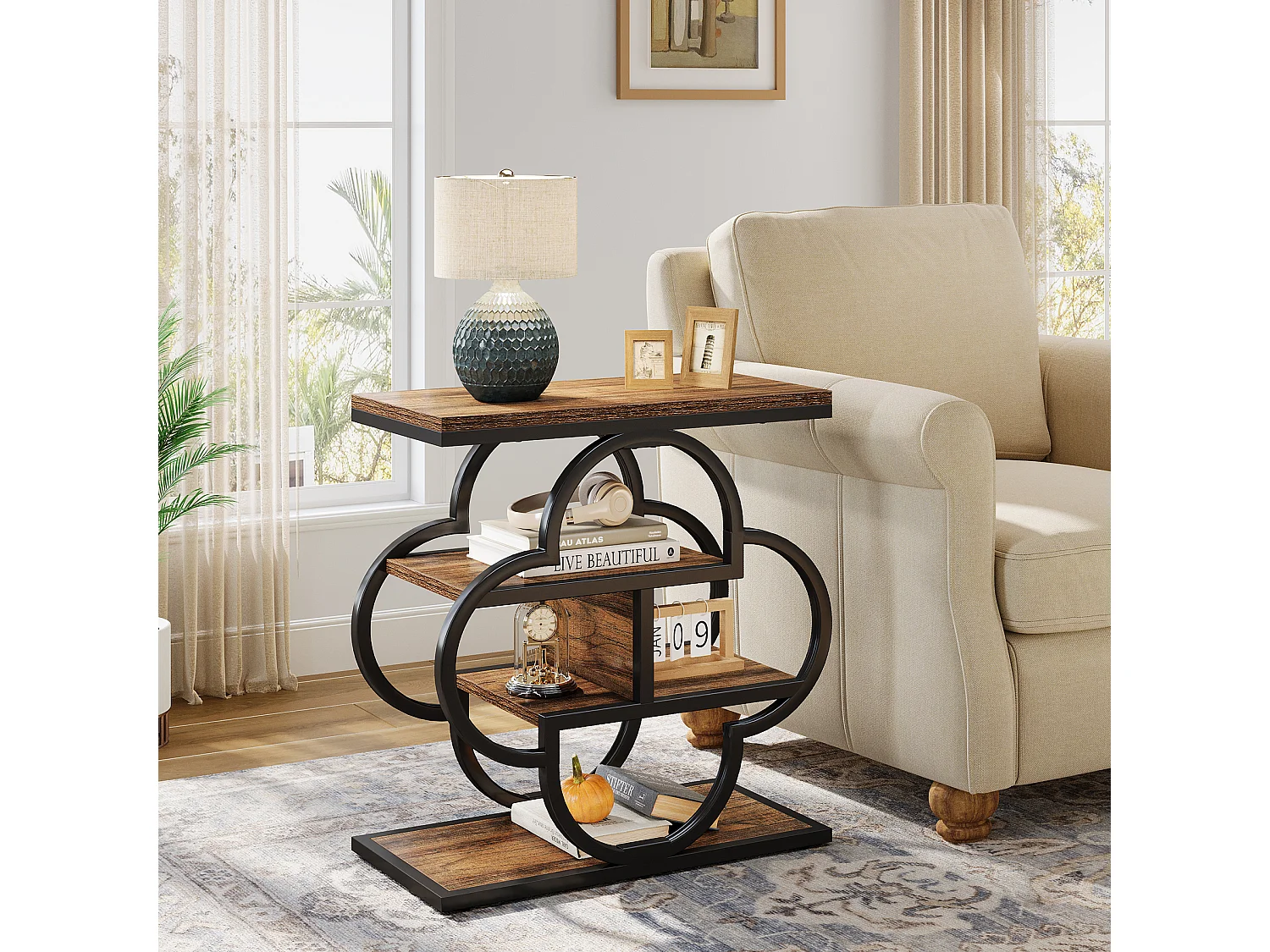 Table d'appoint étroite, petite table de chevet en bois à 4 niveaux avec cadre en métal incurvé