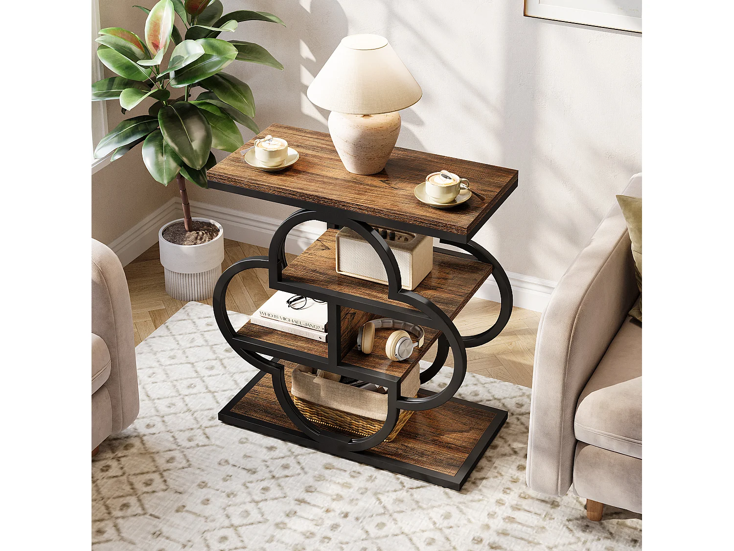 Table d'appoint étroite, petite table de chevet en bois à 4 niveaux avec cadre en métal incurvé