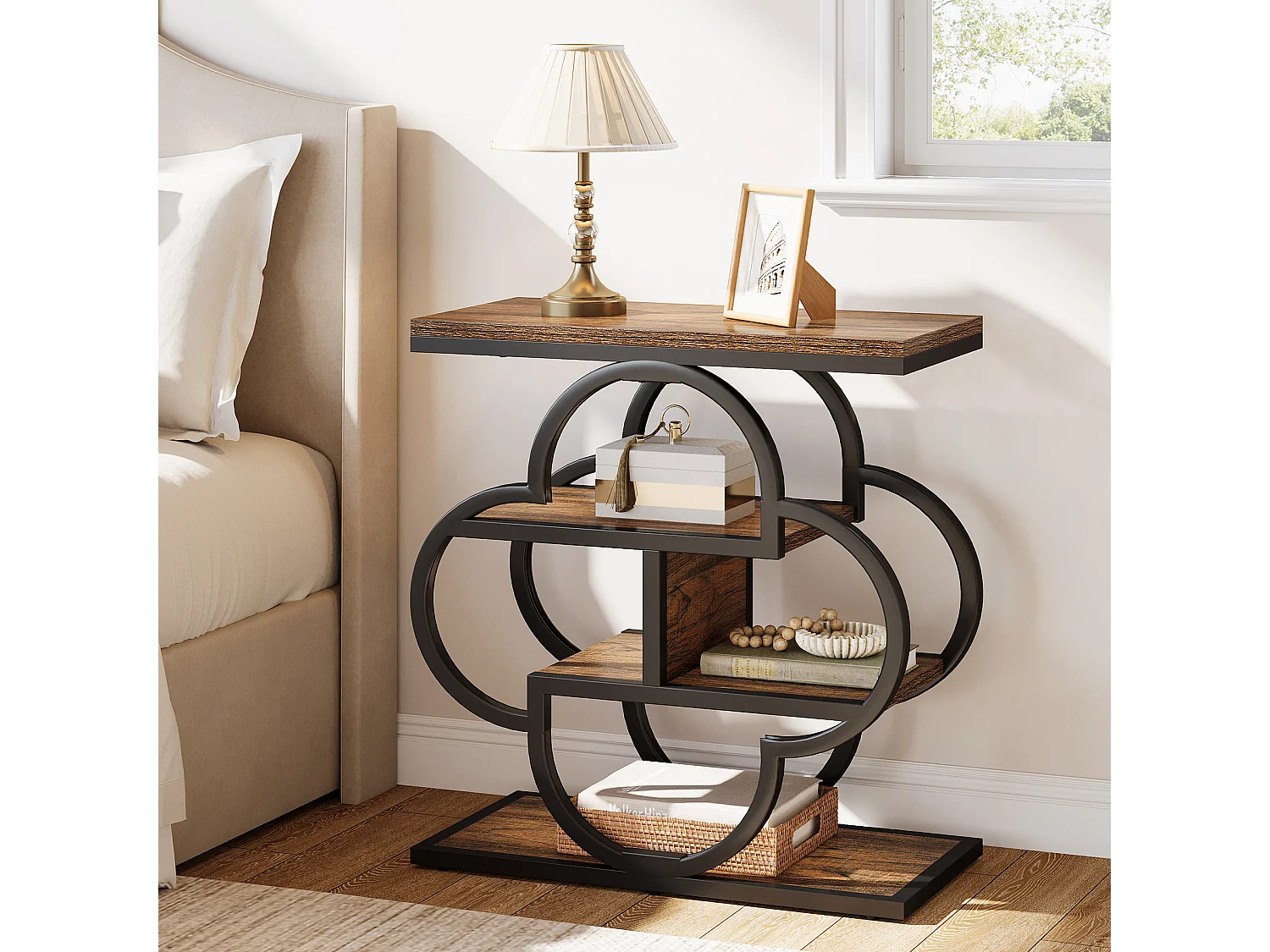 Table d'appoint étroite, petite table de chevet en bois à 4 niveaux avec cadre en métal incurvé