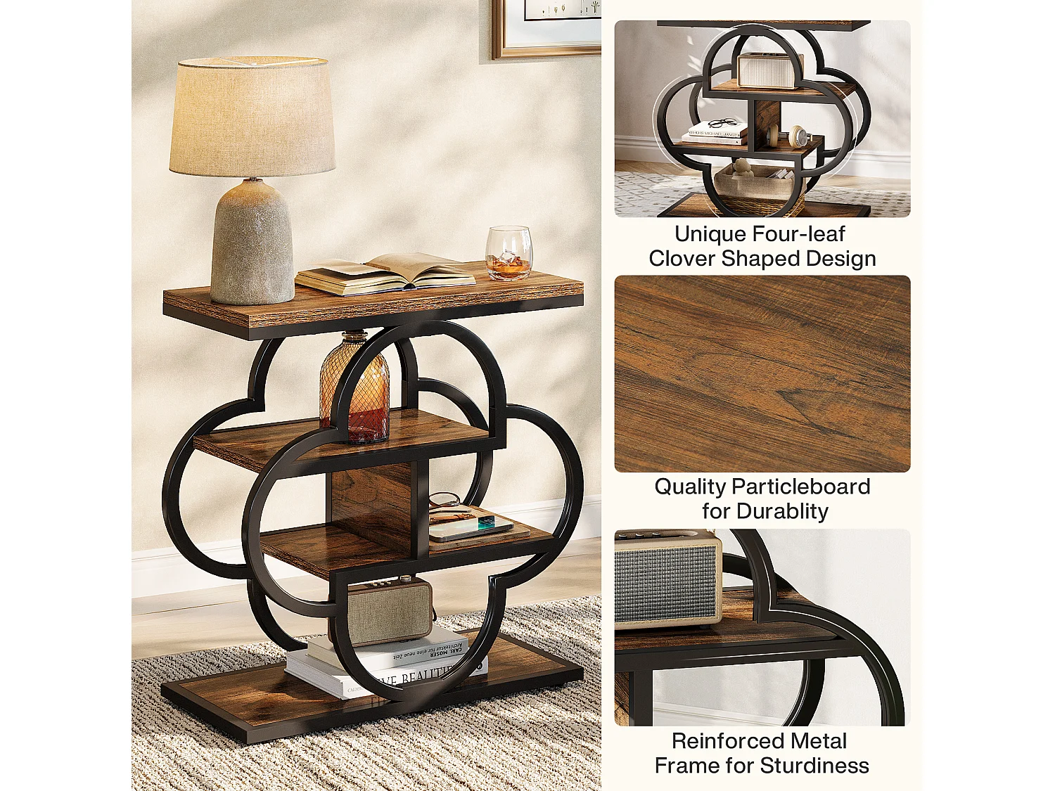 Table d'appoint étroite, petite table de chevet en bois à 4 niveaux avec cadre en métal incurvé