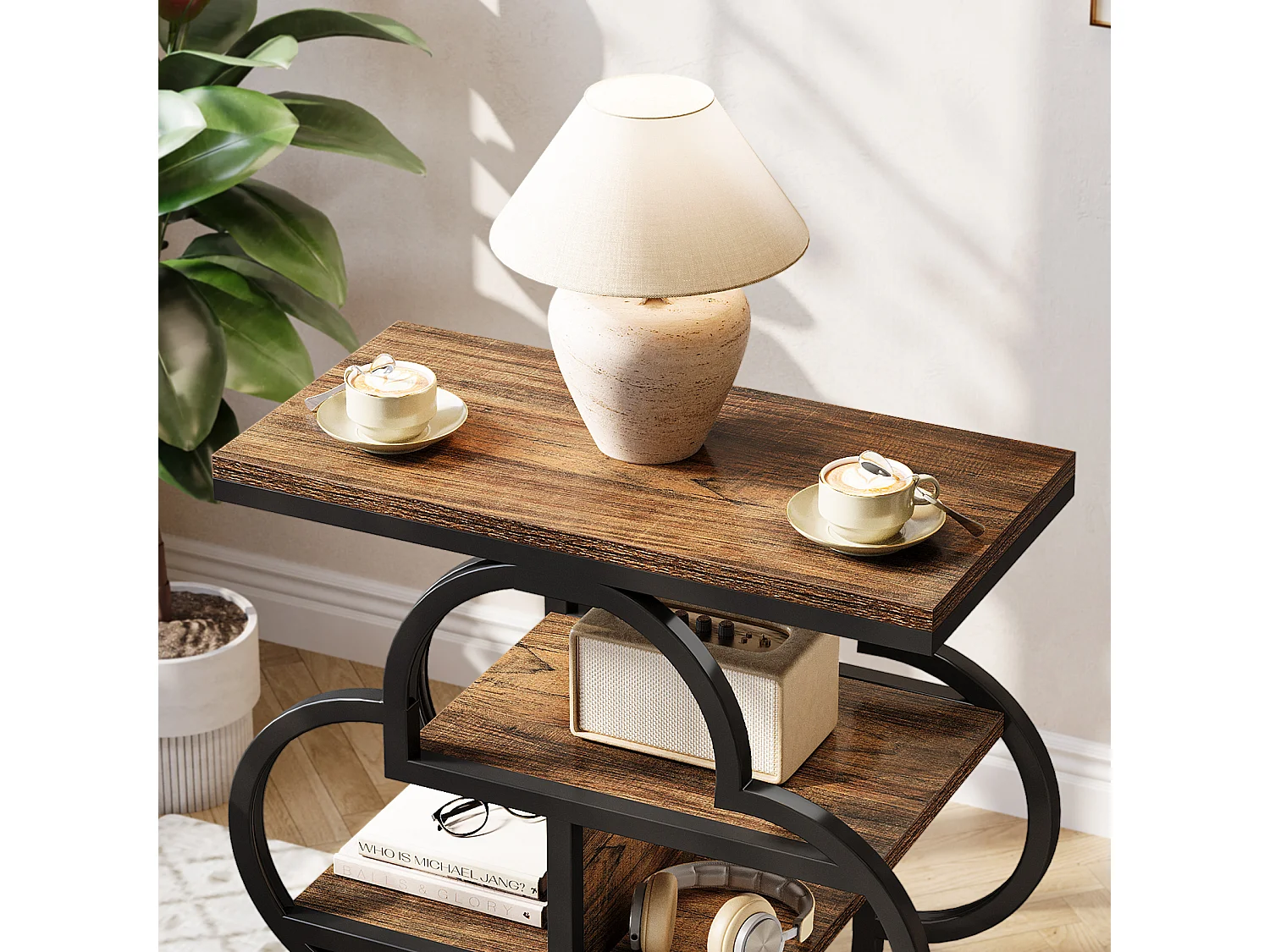 Table d'appoint étroite, petite table de chevet en bois à 4 niveaux avec cadre en métal incurvé