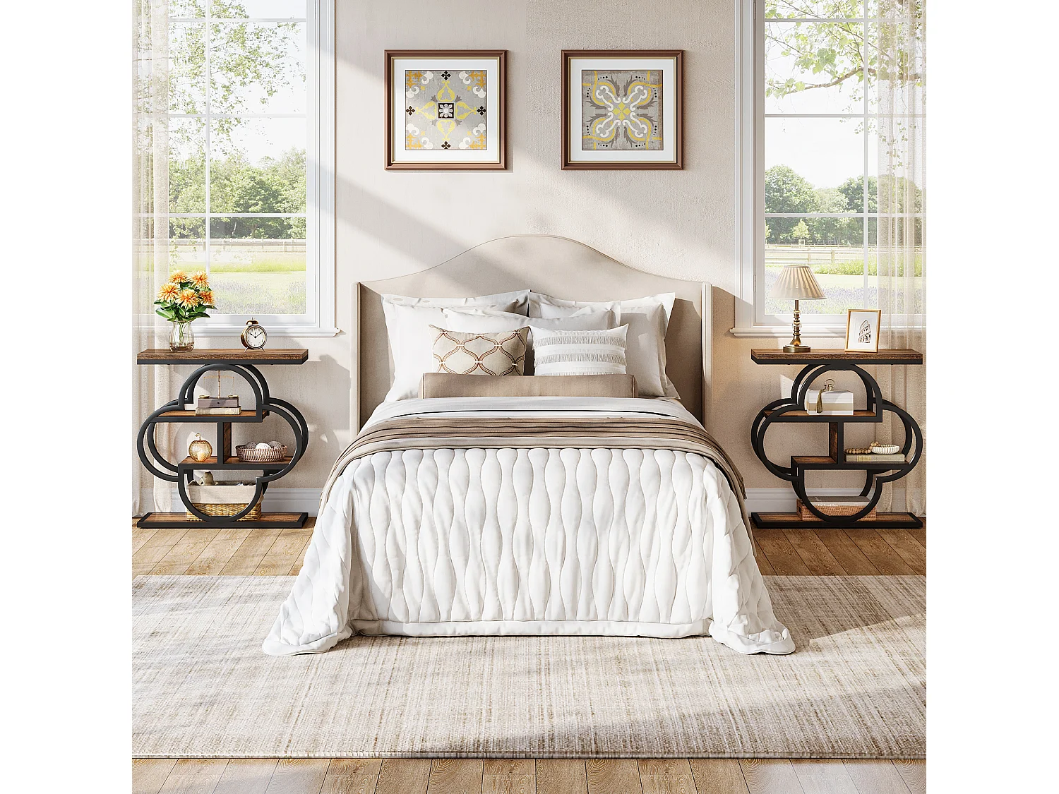 Table d'appoint étroite, petite table de chevet en bois à 4 niveaux avec cadre en métal incurvé