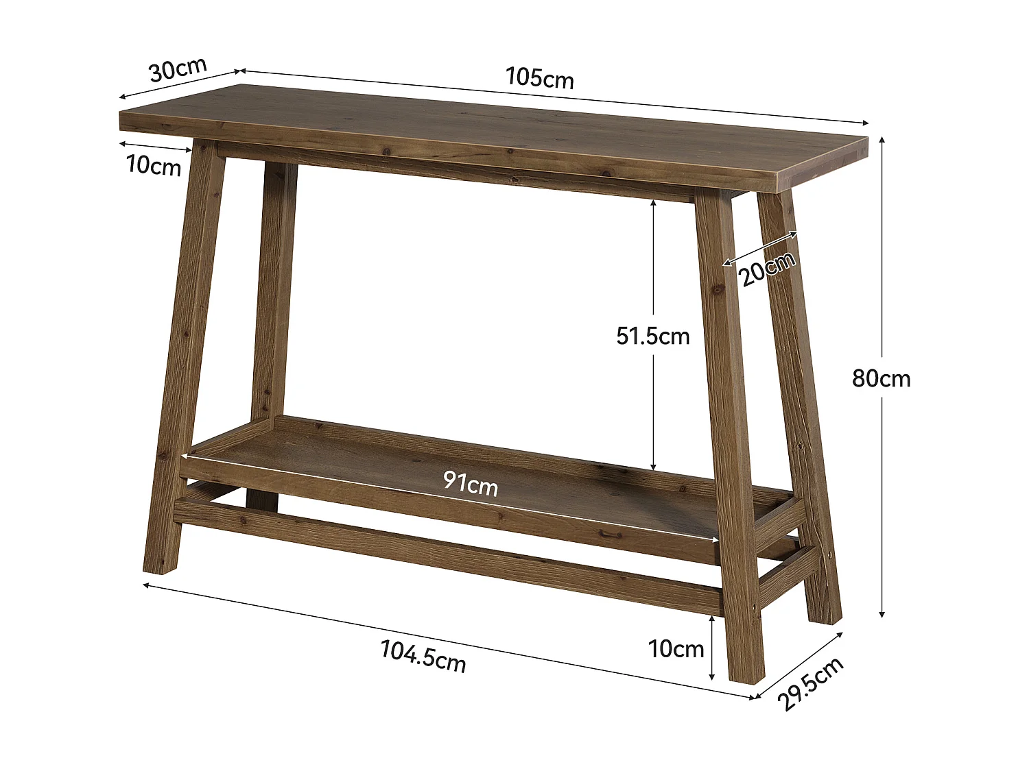 Table console d'entrée en bois massif de 105 cm avec étagère de rangement, 2 niveaux
