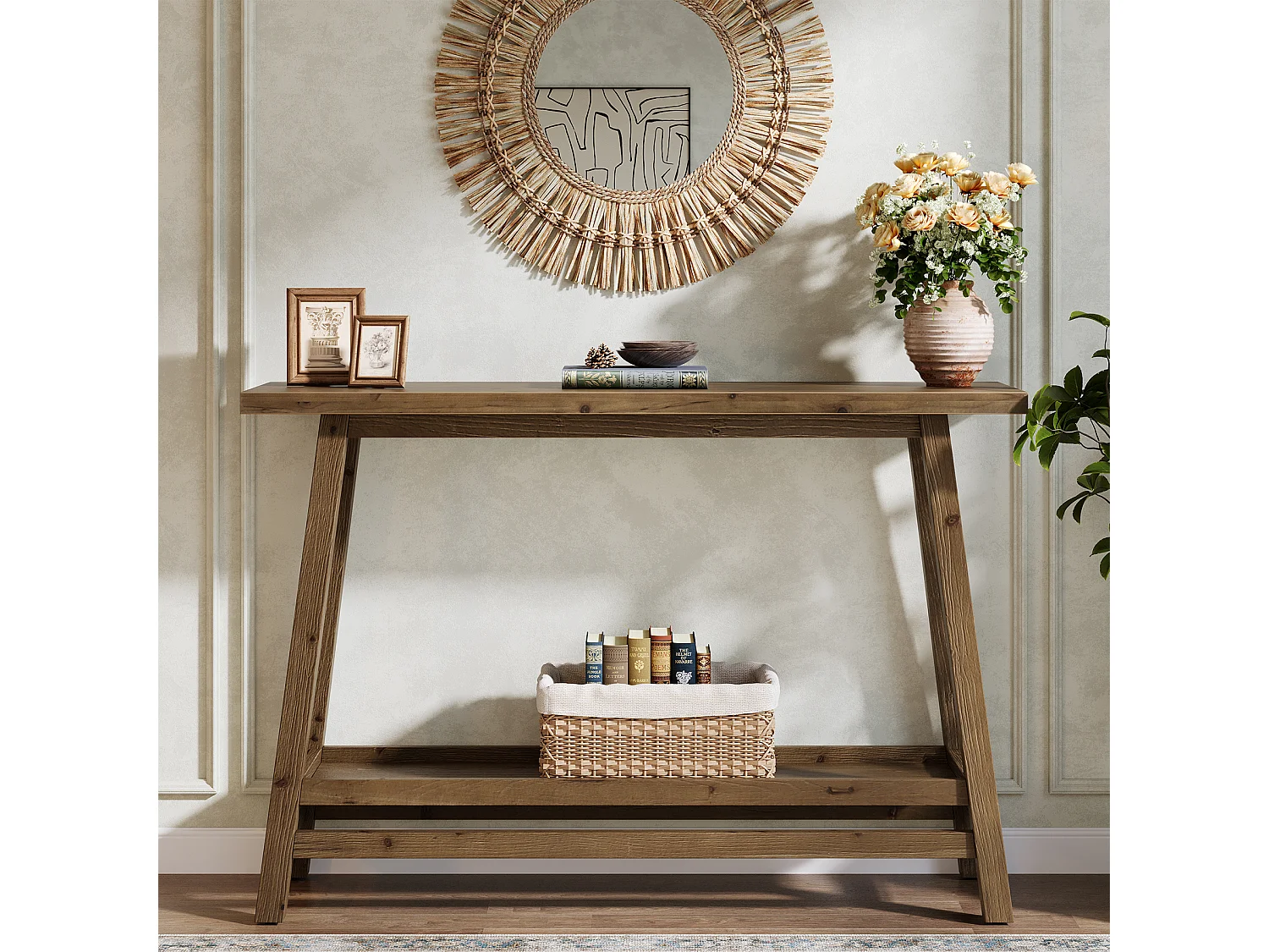 Table console d'entrée en bois massif de 105 cm avec étagère de rangement, 2 niveaux