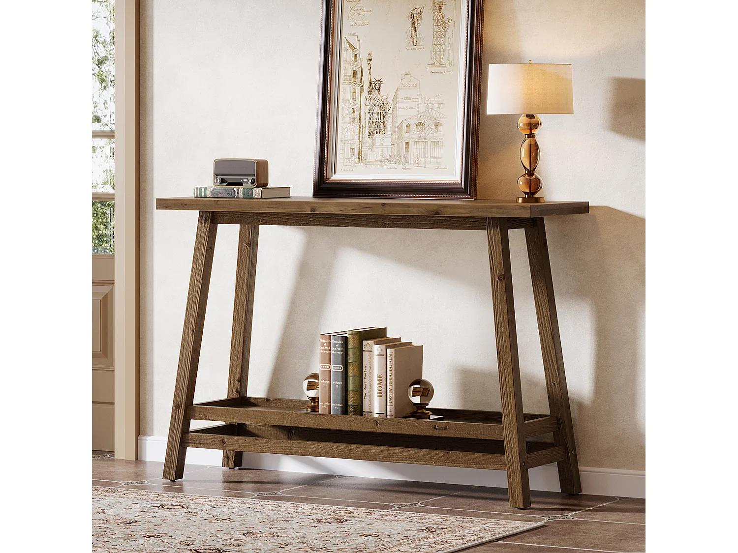 Table console d'entrée en bois massif de 105 cm avec étagère de rangement, 2 niveaux