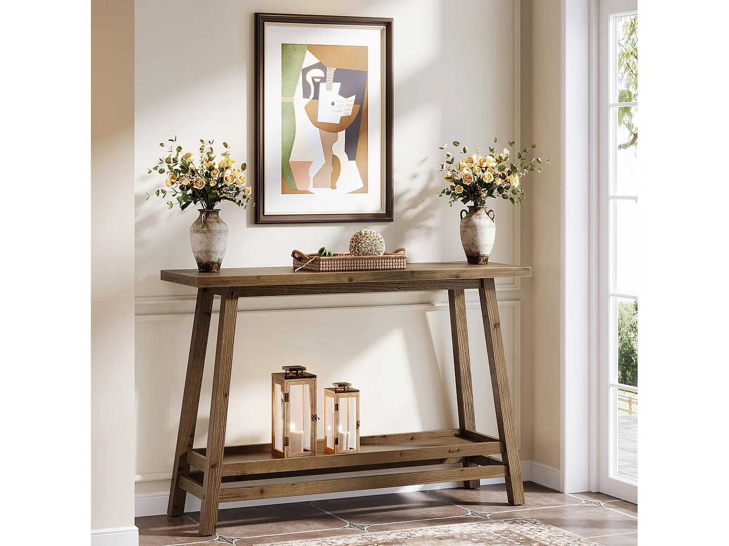Table console d'entrée en bois massif de 105 cm avec étagère de rangement, 2 niveaux