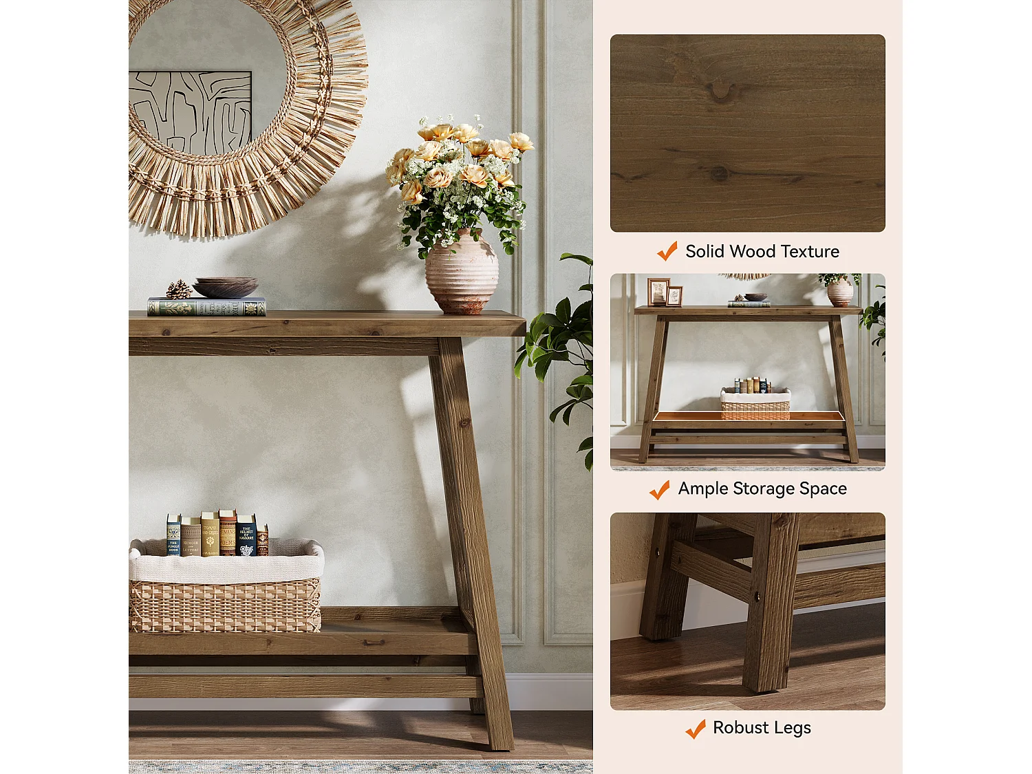 Table console d'entrée en bois massif de 105 cm avec étagère de rangement, 2 niveaux