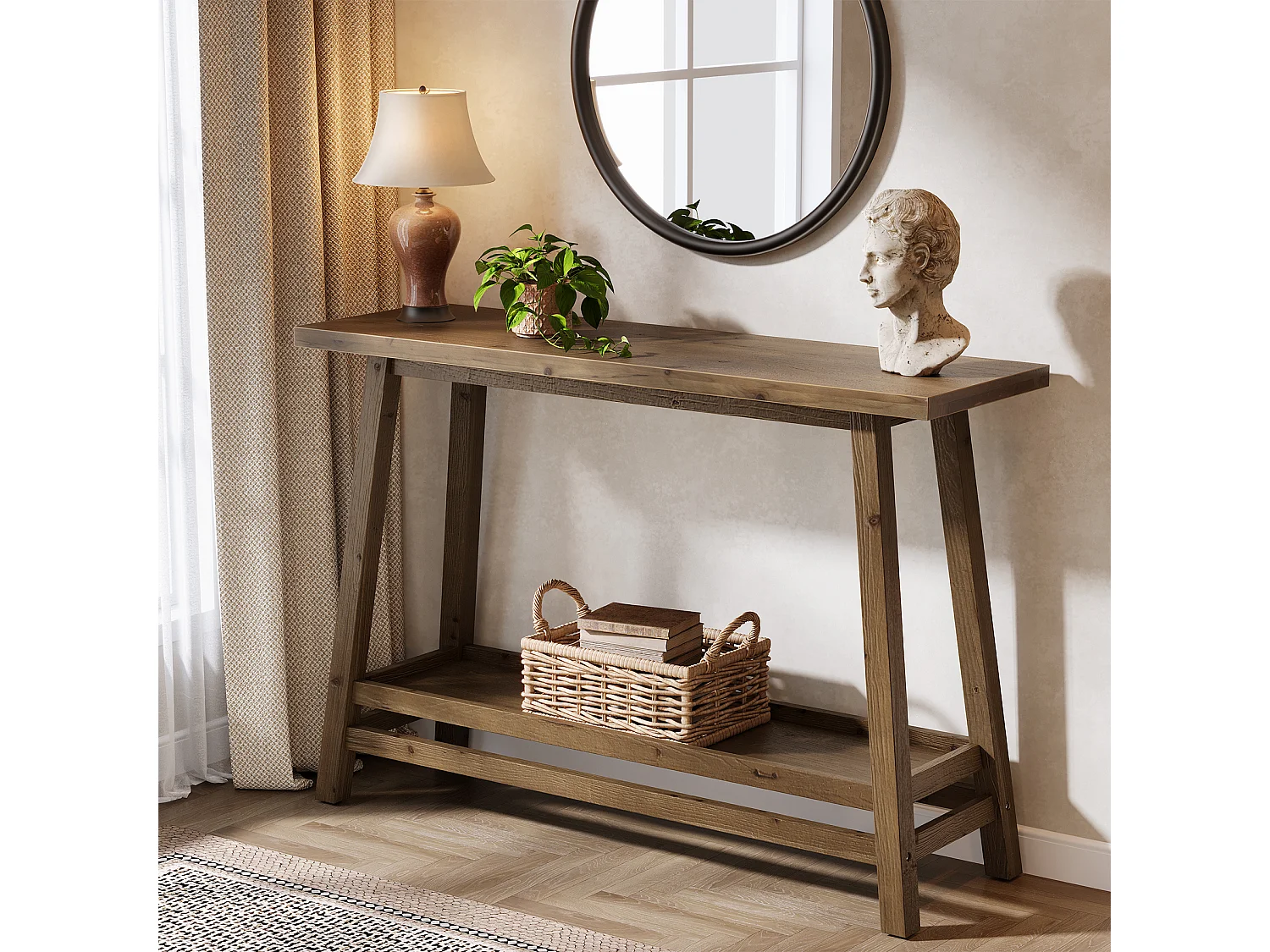 Table console d'entrée en bois massif de 105 cm avec étagère de rangement, 2 niveaux