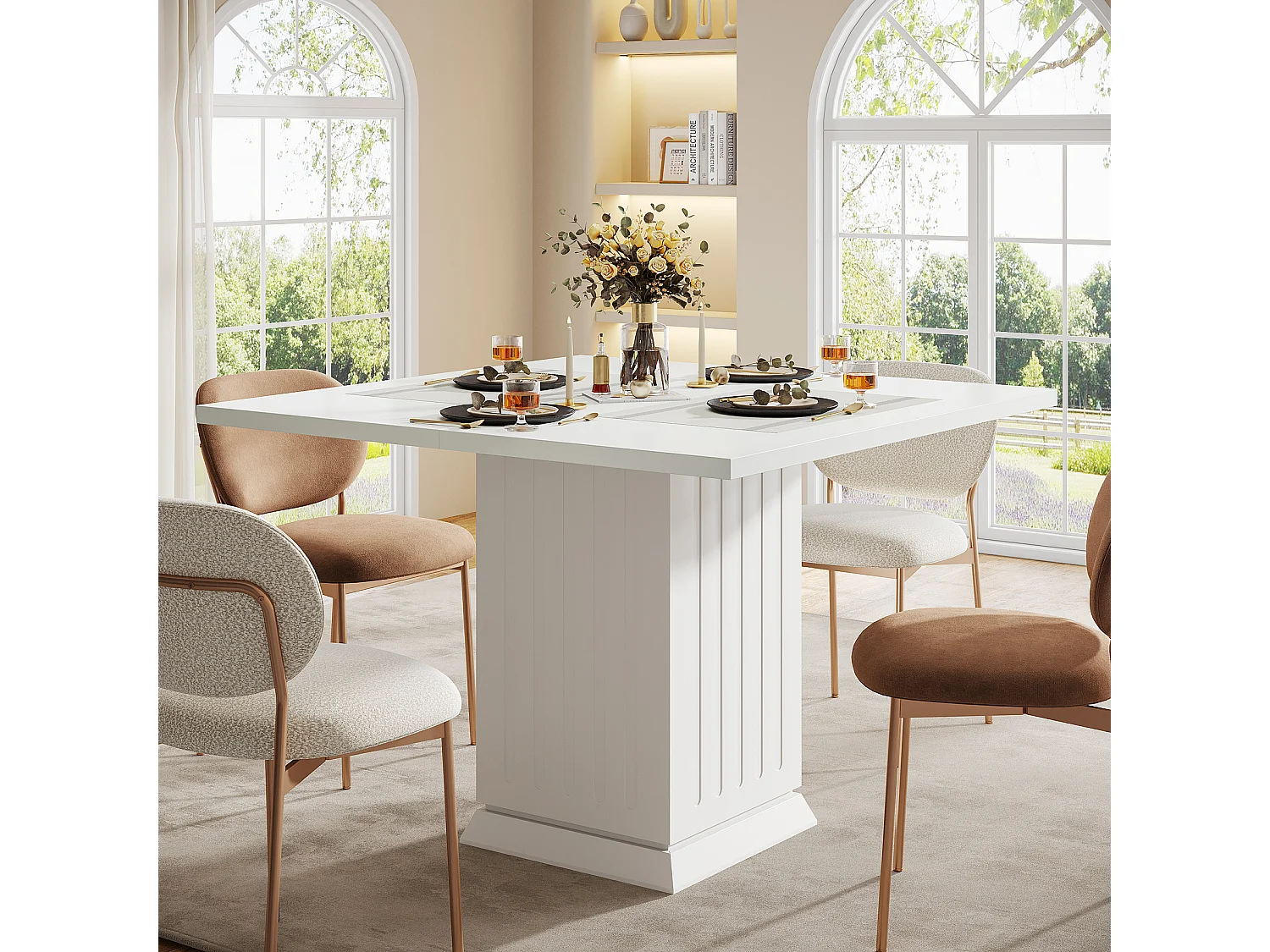 Table de salle à manger carrée avec 2 sets de table, petite table de cuisine blanche pour 4 personnes