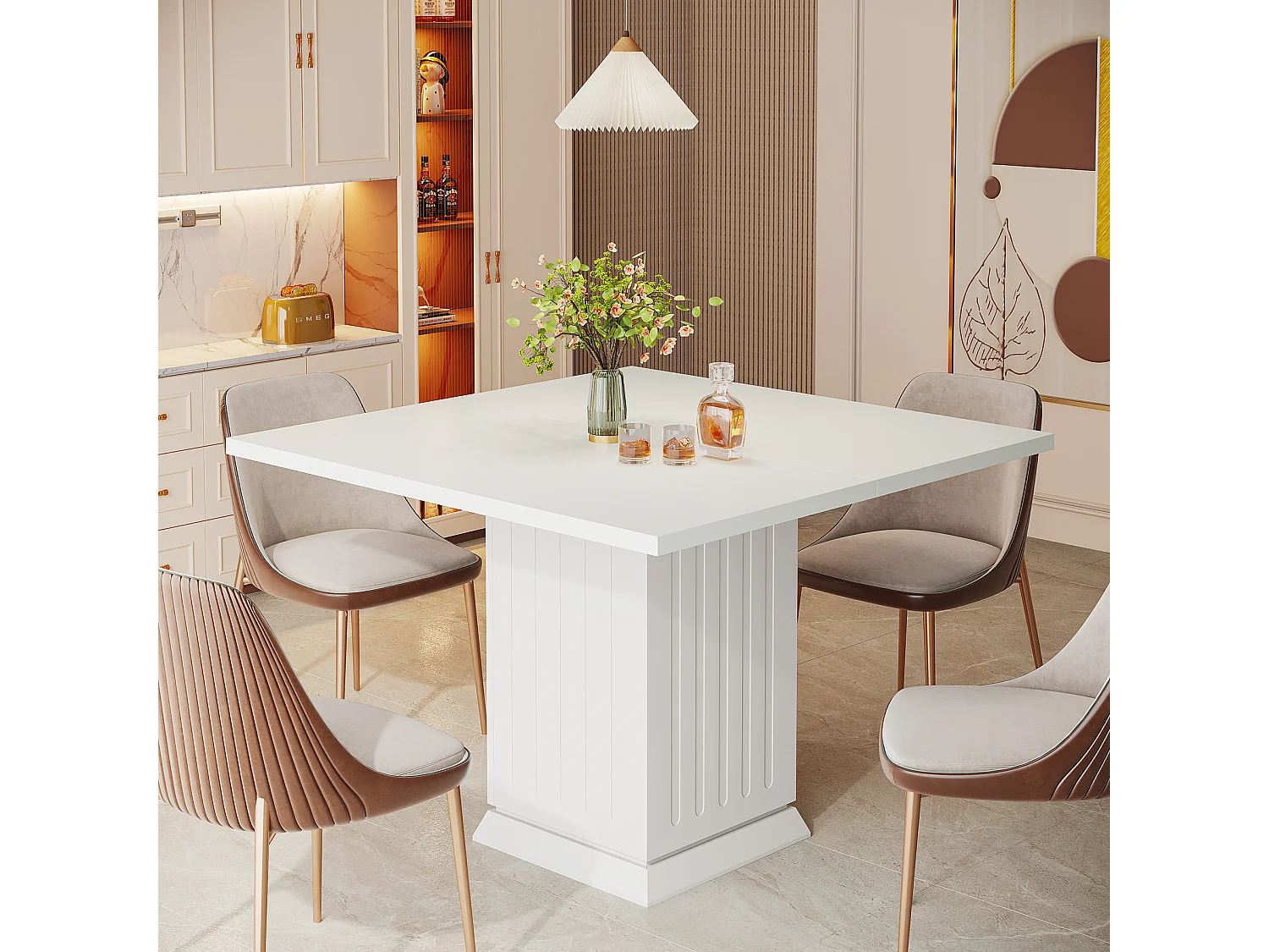 Table de salle à manger carrée avec 2 sets de table, petite table de cuisine blanche pour 4 personnes