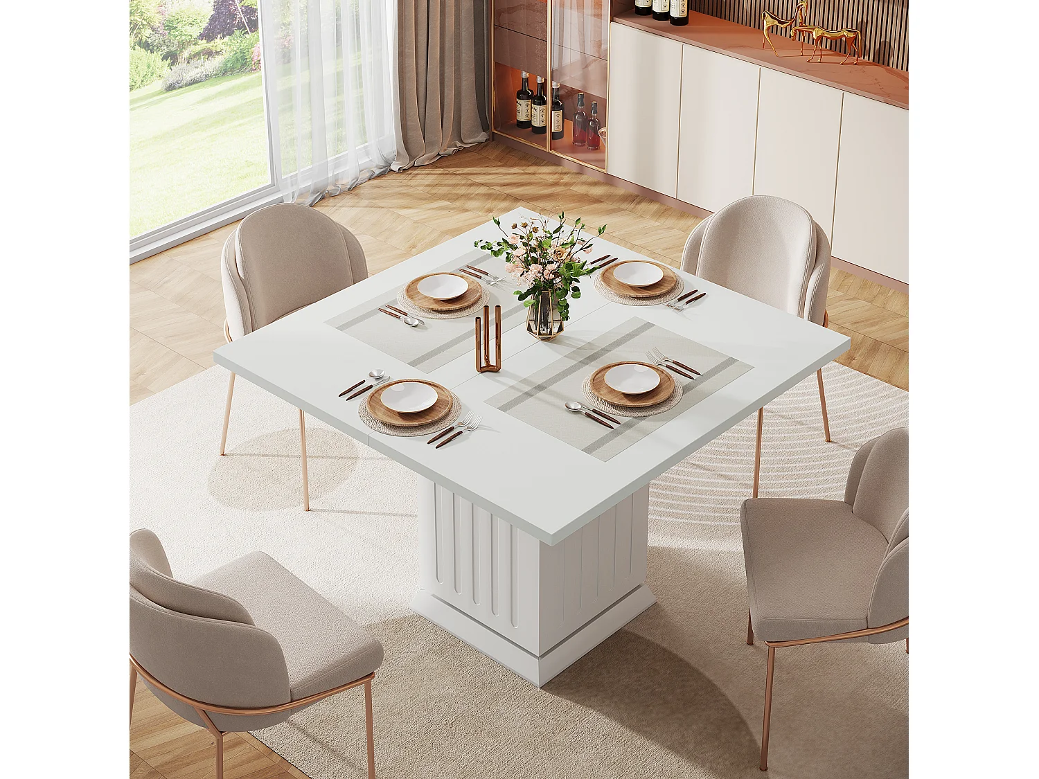 Table de salle à manger carrée avec 2 sets de table, petite table de cuisine blanche pour 4 personnes