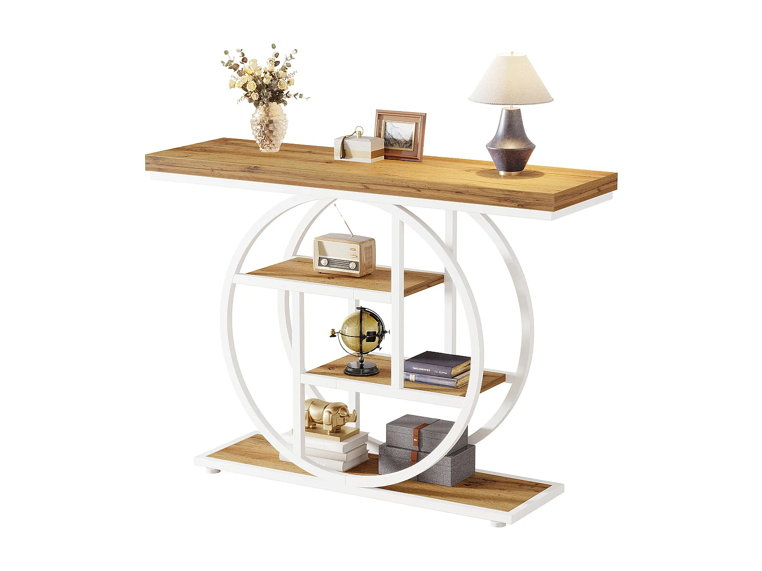 Console de 105 cm, table d'appoint industrielle à 4 niveaux avec piètement circulaire