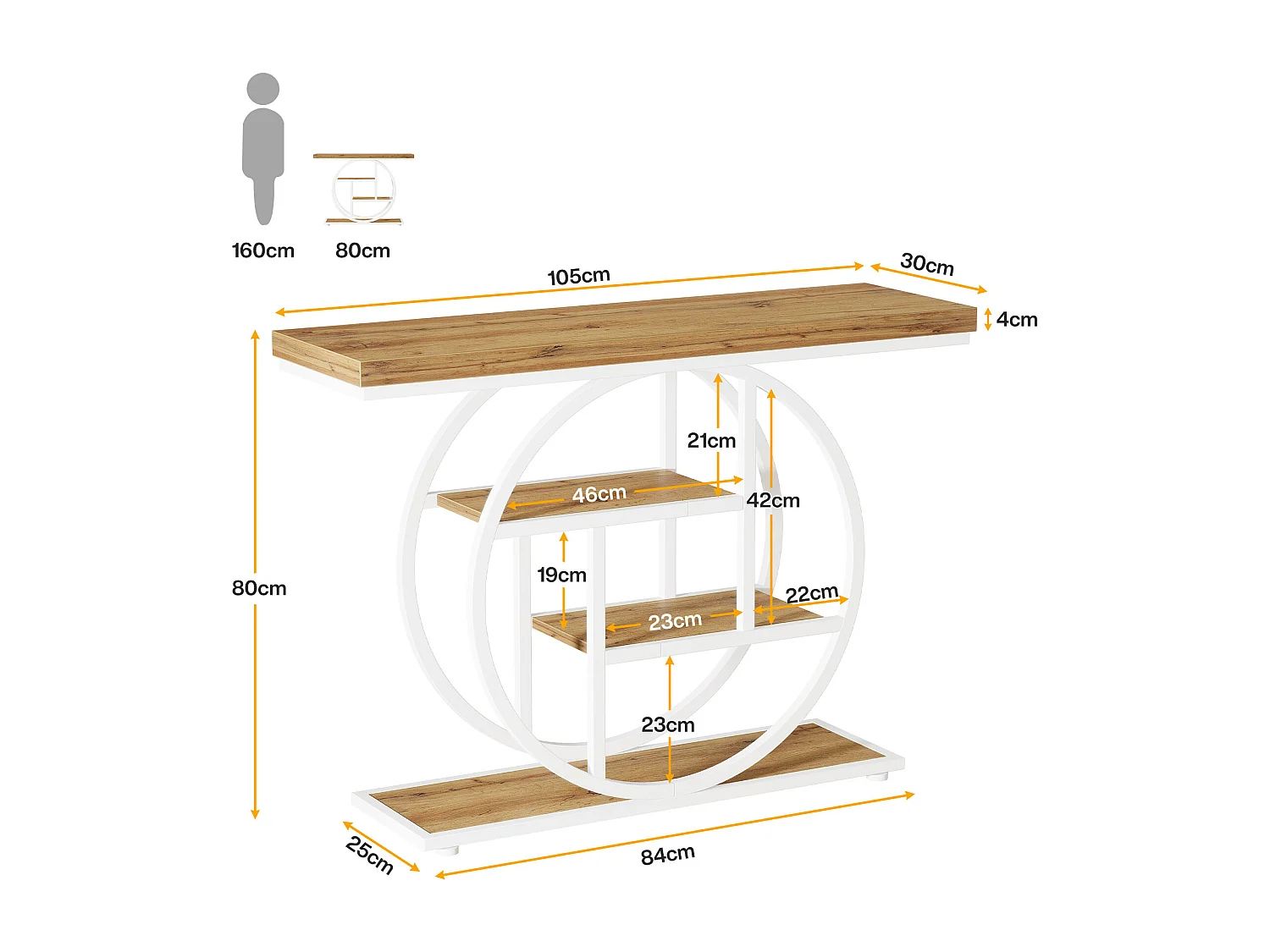 Console de 105 cm, table d'appoint industrielle à 4 niveaux avec piètement circulaire