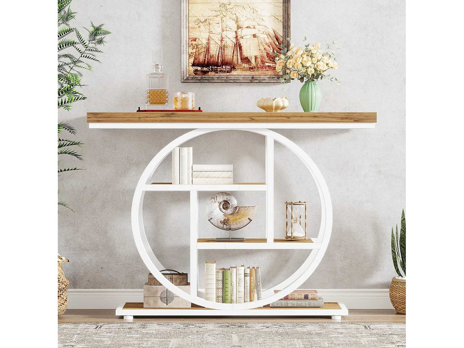 Console de 105 cm, table d'appoint industrielle à 4 niveaux avec piètement circulaire