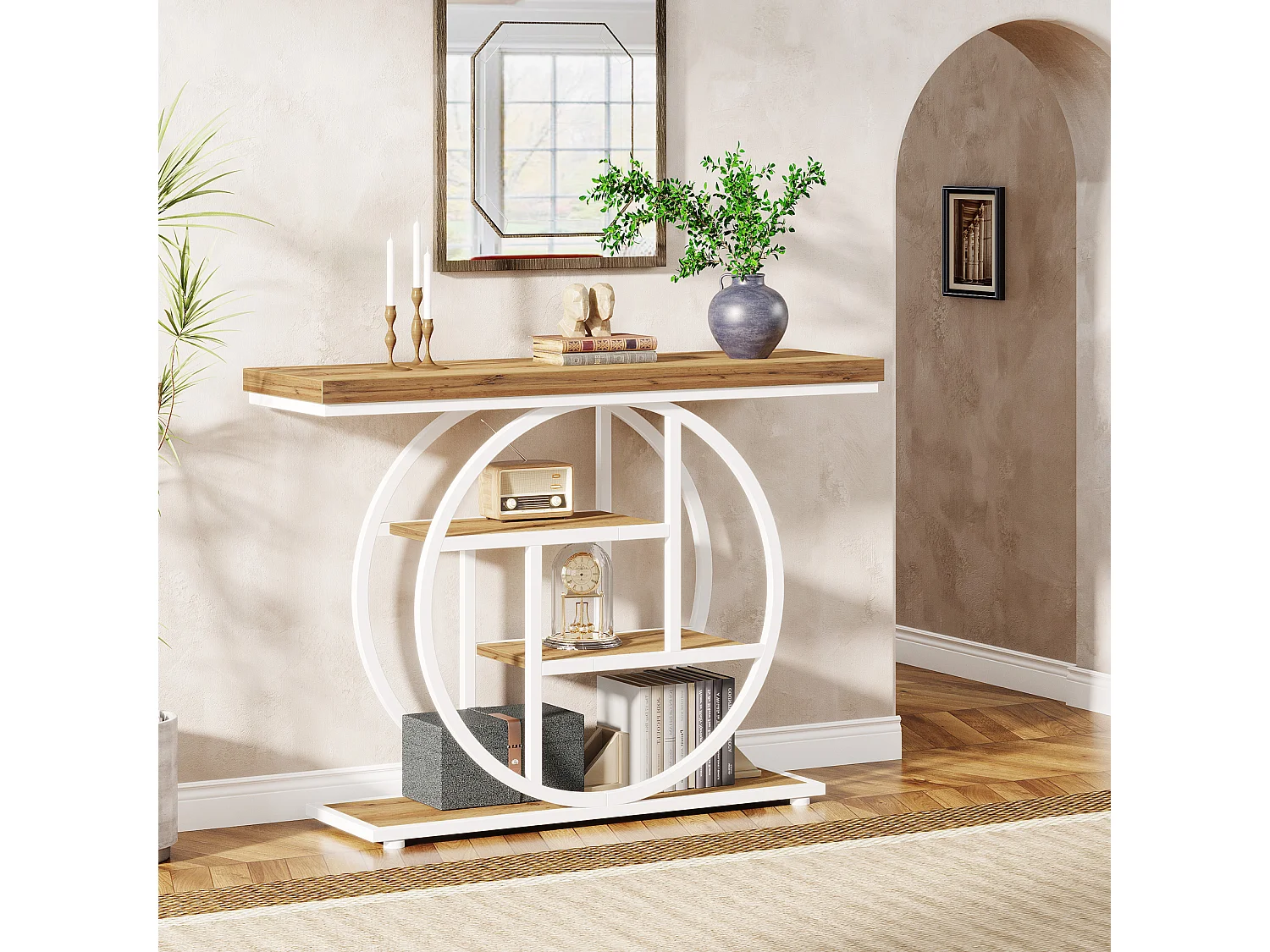 Console de 105 cm, table d'appoint industrielle à 4 niveaux avec piètement circulaire