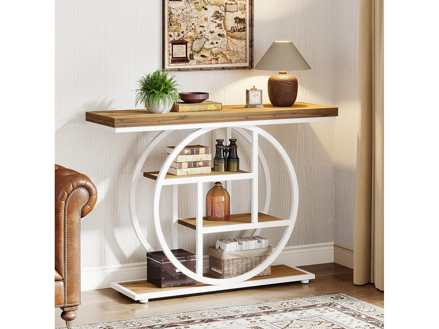 Console de 105 cm, table d'appoint industrielle à 4 niveaux avec piètement circulaire