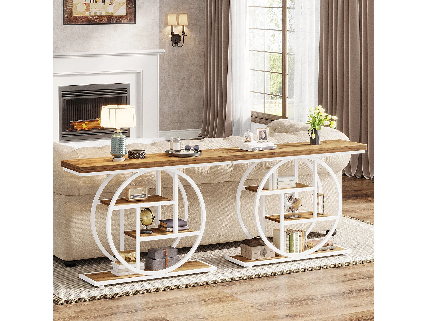 Console de 105 cm, table d'appoint industrielle à 4 niveaux avec piètement circulaire