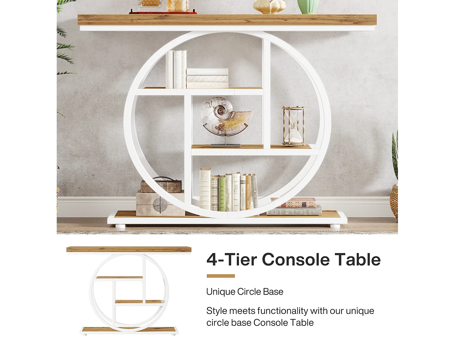 Console de 105 cm, table d'appoint industrielle à 4 niveaux avec piètement circulaire