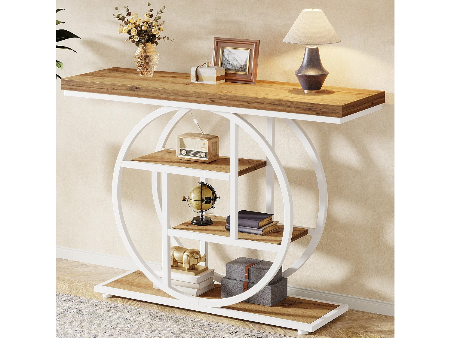 Console de 105 cm, table d'appoint industrielle à 4 niveaux avec piètement circulaire