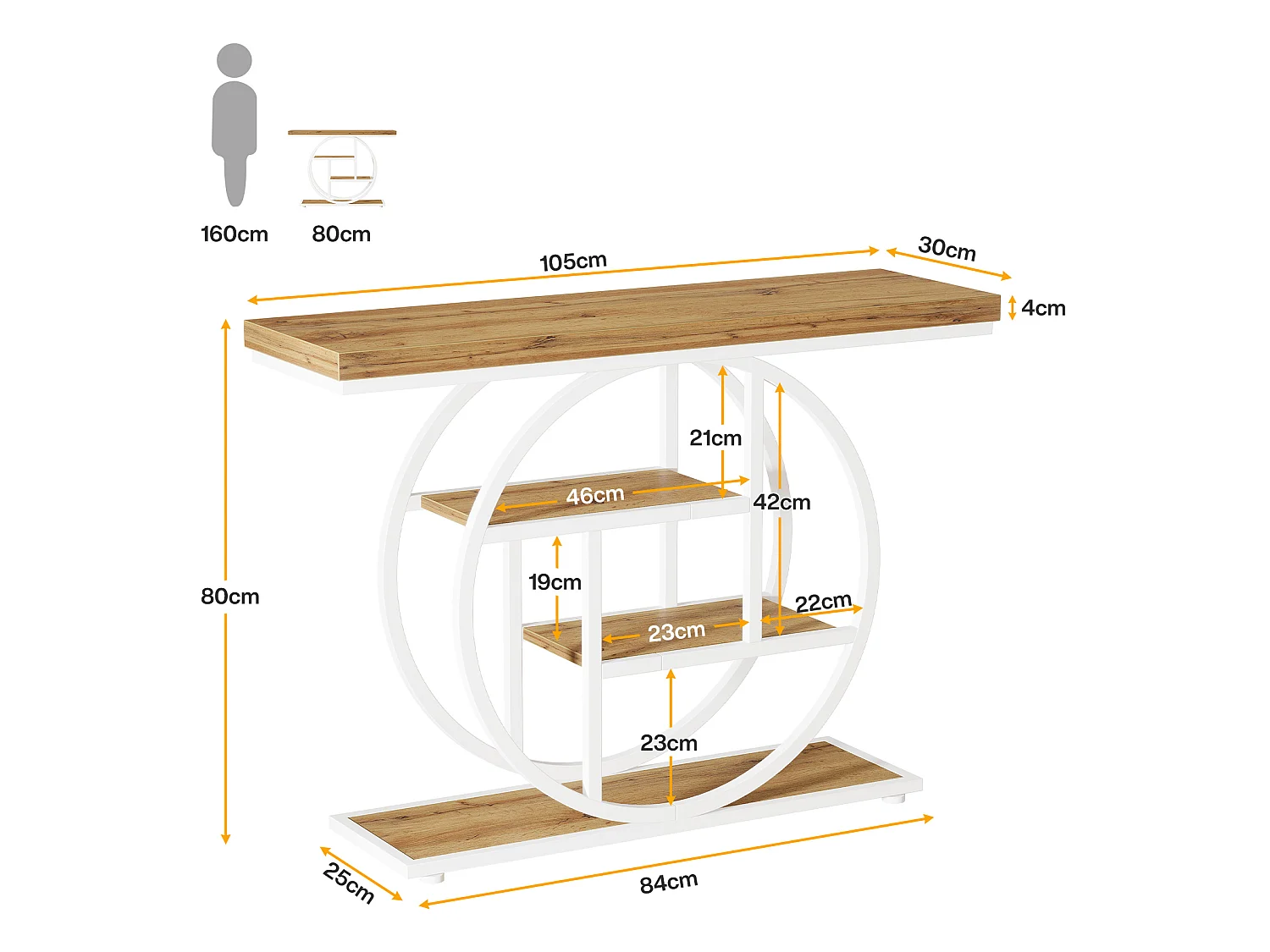 105 cm Konsole, Industrieller 4-Etagen-Sofatisch, Eingangstisch mit kreisförmiger Basis