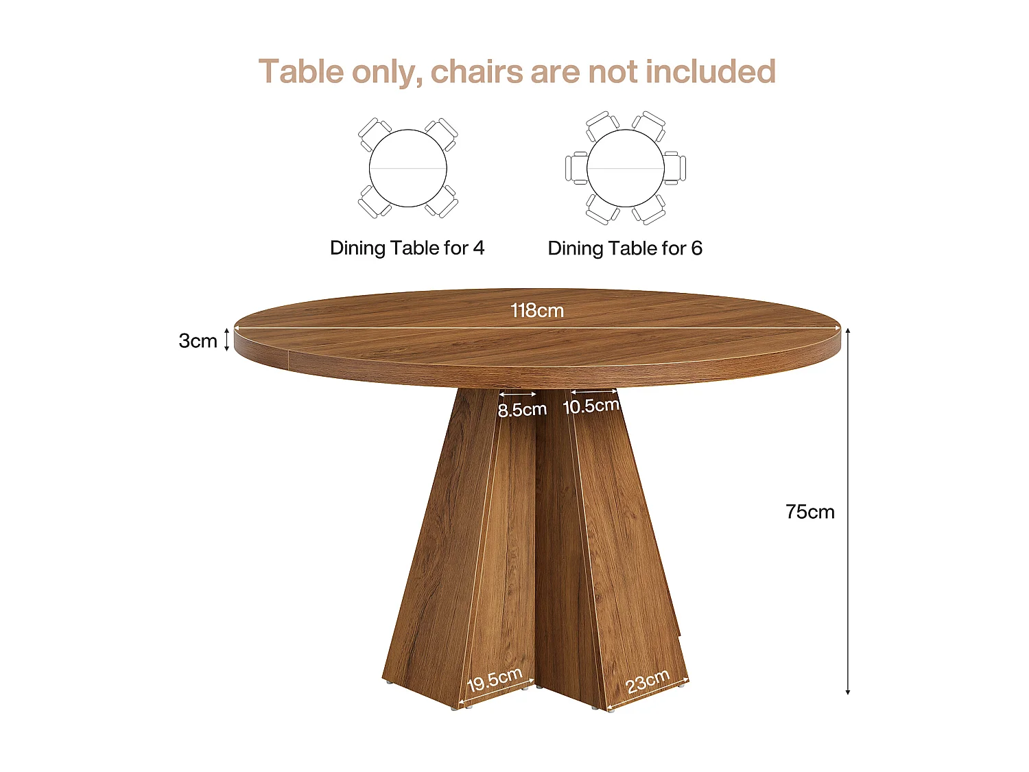 Table de salle à manger ronde pour 4 personnes, table de cuisine ronde avec pied central