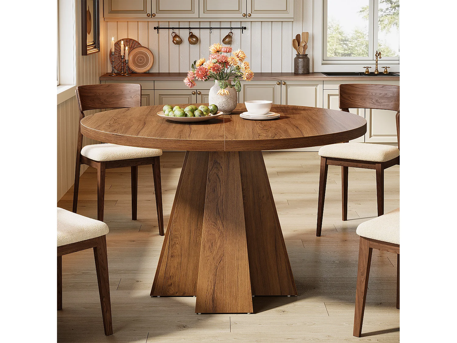 Table de salle à manger ronde pour 4 personnes, table de cuisine ronde avec pied central