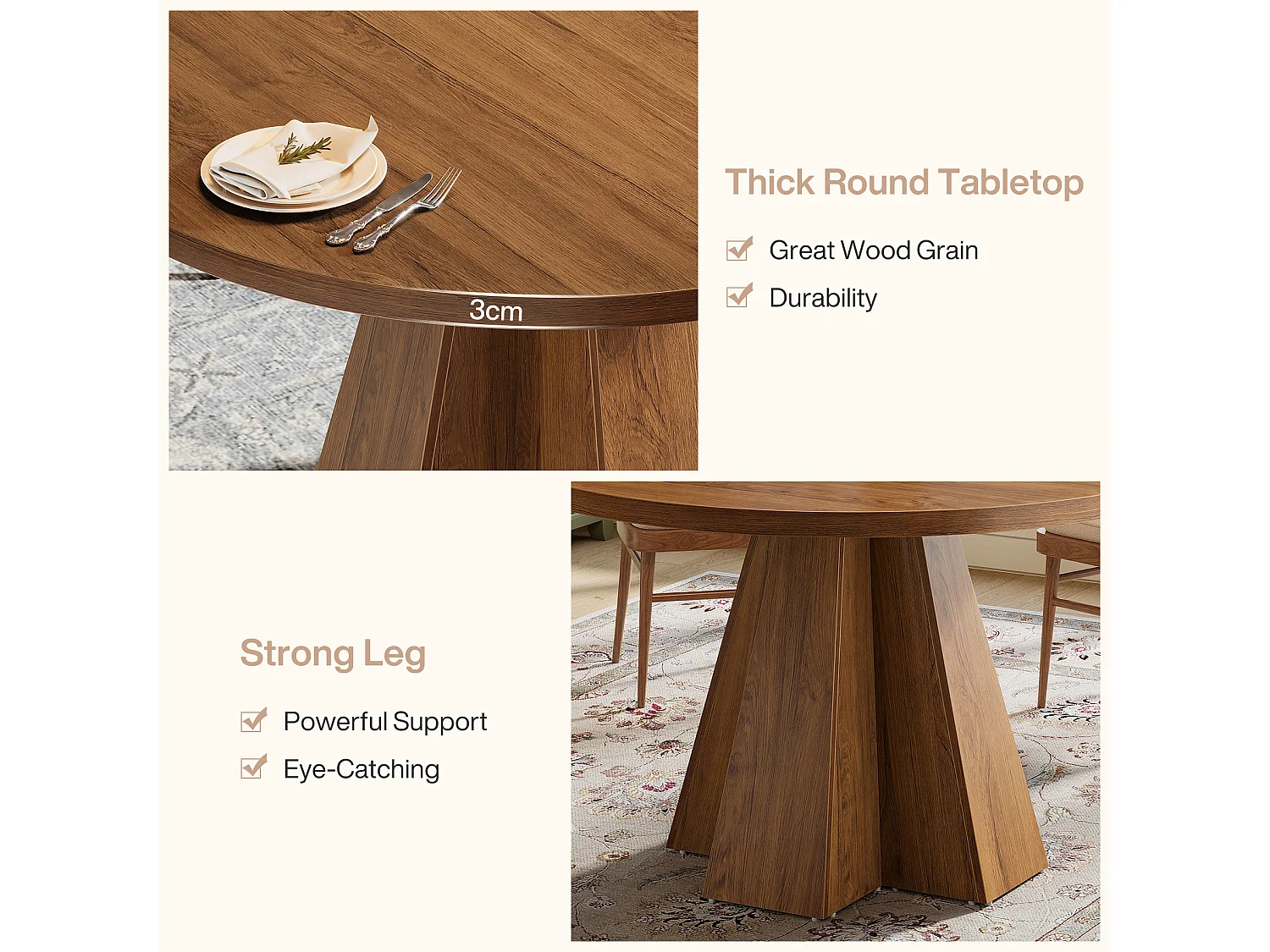 Table de salle à manger ronde pour 4 personnes, table de cuisine ronde avec pied central