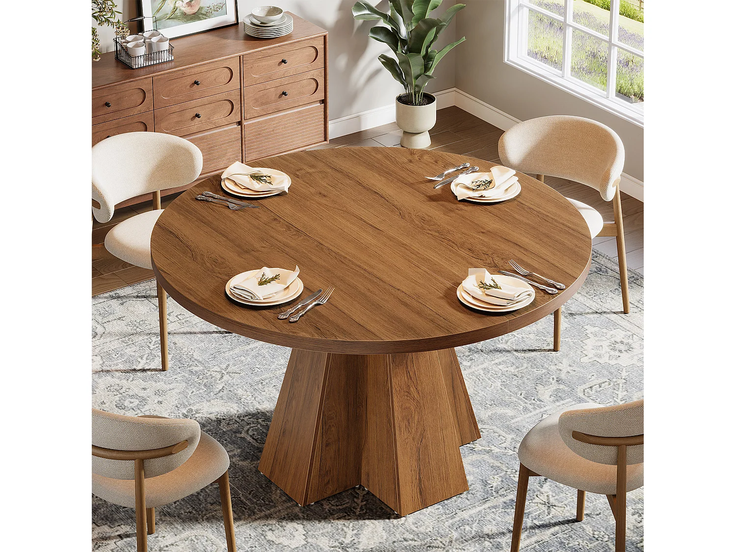 Table de salle à manger ronde pour 4 personnes, table de cuisine ronde avec pied central