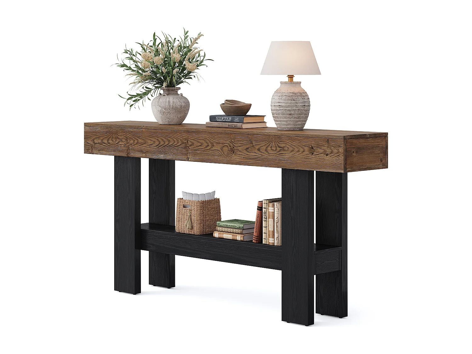 Console en bois massif noir pour entrée, table d'appoint étroite de 160 cm de long avec étagère de rangement, à placer derrière un canapé.
